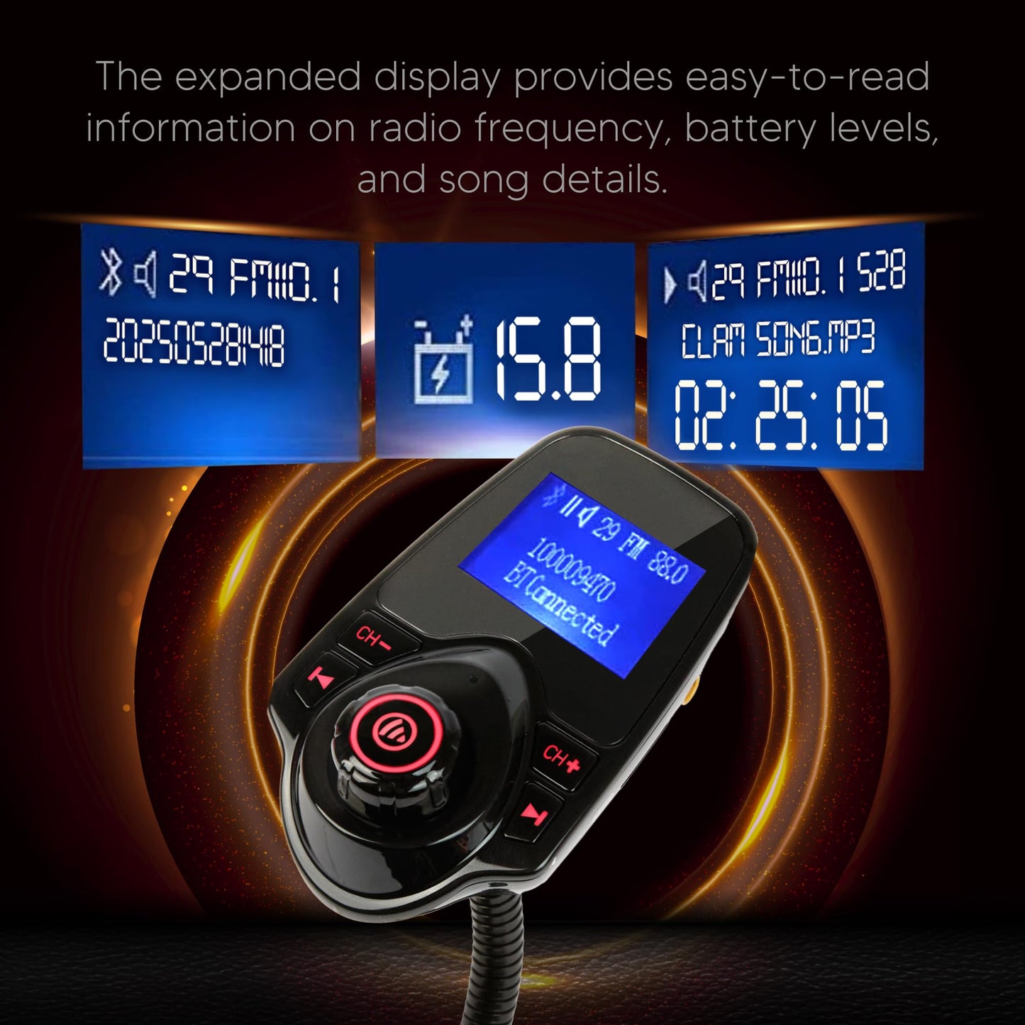 ONN Upgraded 2025 Car Bluetooth FM Transmitter – 1.44" Display, Flexible Gooseneck, Hands-Free Calls, Wireless Music Player, Radio Adapter, USB Charger, Micro SD Card & AUX Support