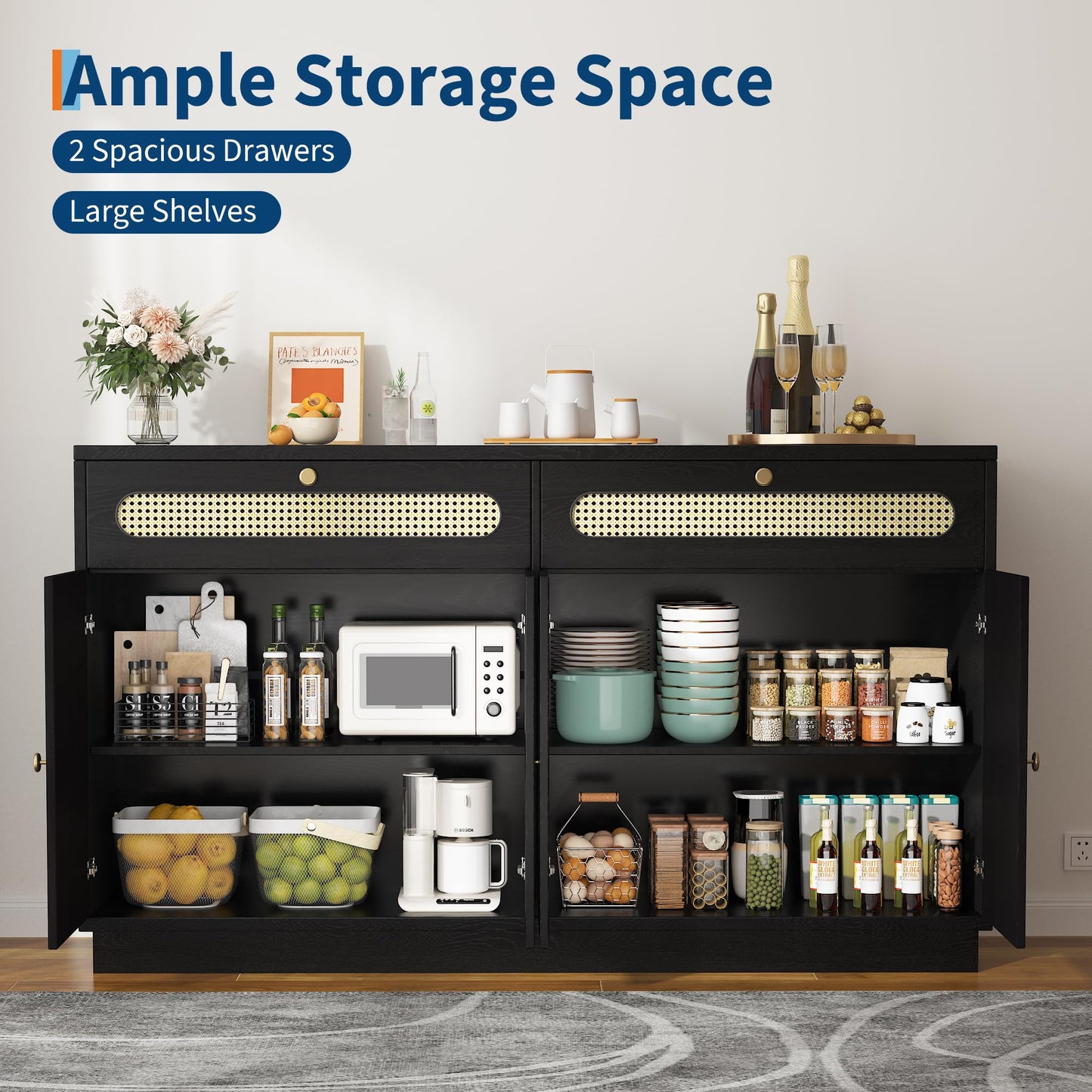 GarveeHome Buffet Sideboard, 60'' Sideboard Cabinet with 2 Drawers and 4 Rattan Doors, Rattan Sideboard with Adjustable Shelves, Black