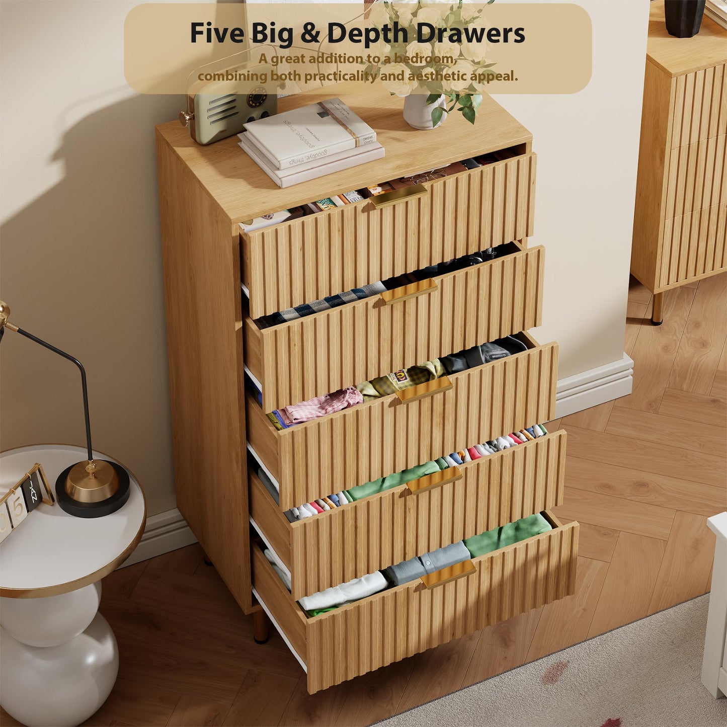 GarveeHome 5 Drawer Dresser for Bedroom, 48 in Tall Modern Chest of Drawers with Deep Drawers and Wide Top, Fluted Wooden Dresser Organizer for Living Room, Hallway, Kids Room, Natural