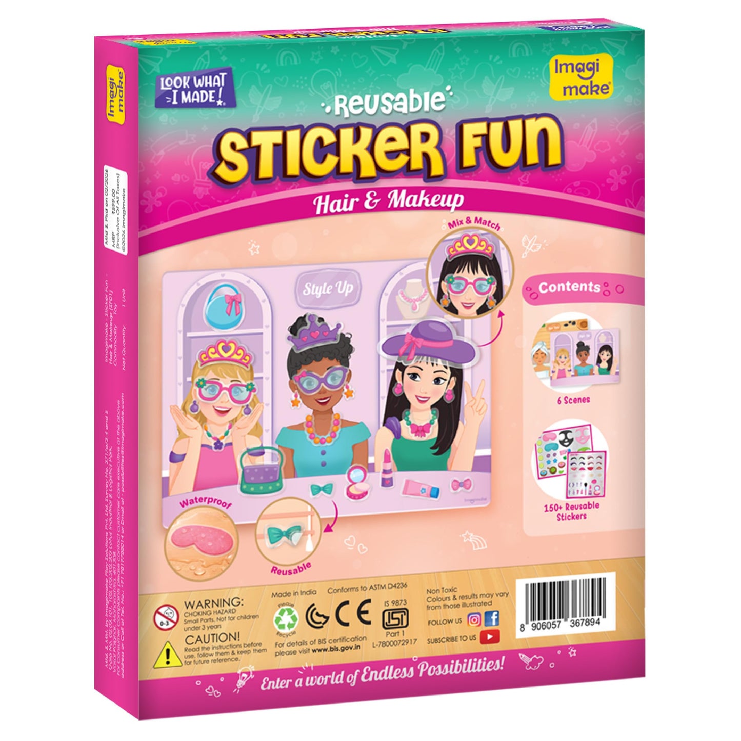 Imagimake Reusable Sticker Fun – Hair & Makeup Kit |Reusable Glam Stickers for Kids | 6 Styling Scene Boards | Pretend Play | Kids Games 3-5 | Toddler Girl Toys | 3,4,5,6,7 Year Old Girl Birthday Gift
