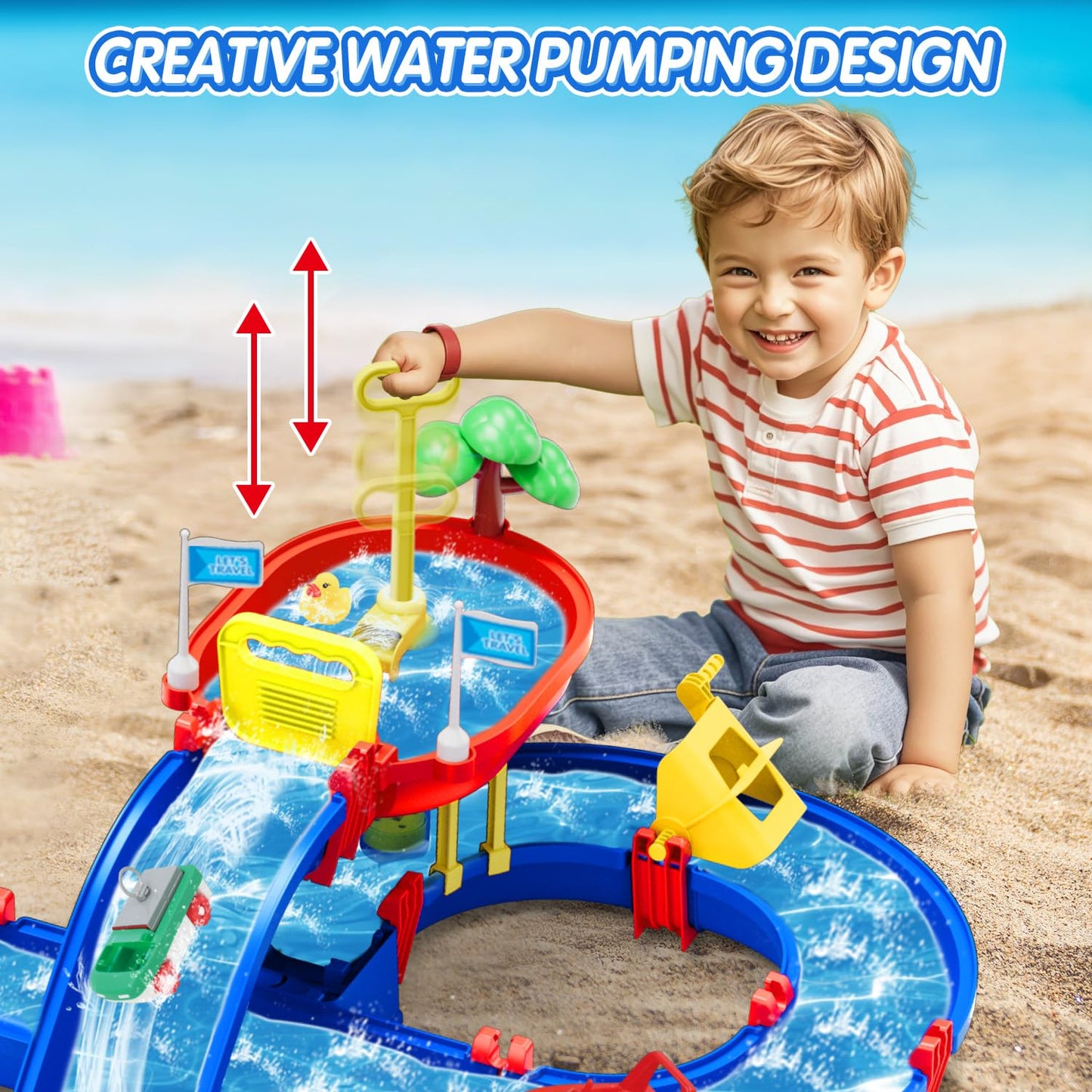 TERRAMUS 2-Tier Water Table Toys for Kids,61PCS Water Park Playset with Pump,Summer Water Toys Waterways for Backyard Beach Pool Lawn,Outdoor Toy for Toddlers 3-5 4-8,Gifts for Boys Girls
