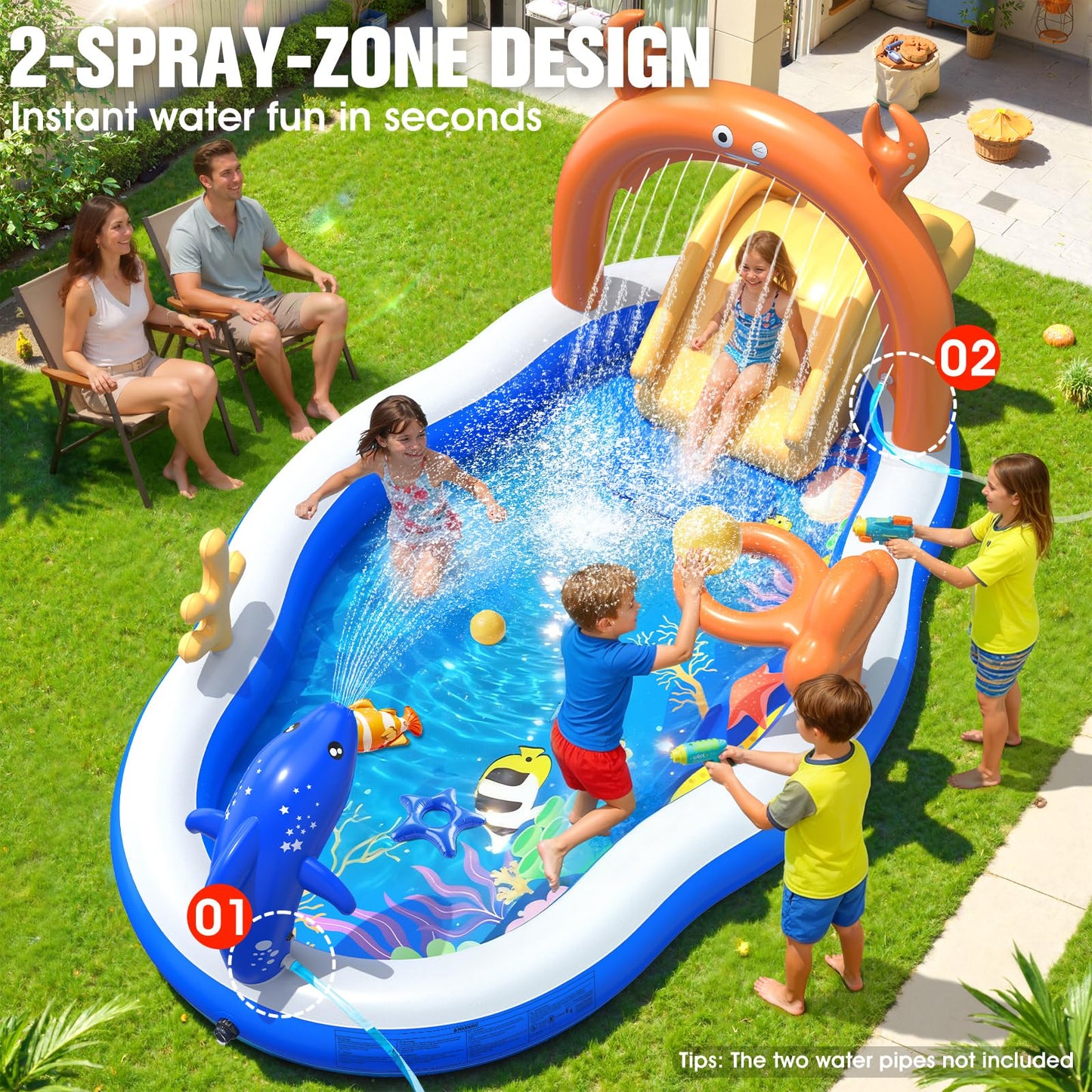 StarOcean 2026 Large Inflatable Play Center,Kiddie Pool with Water Slide&Sprinkler,120''x70"x50''Inflatable Toddler Pool with Slide,BlowUp Water Play for Toldder,Inflatable Water Park for Kid Backyard