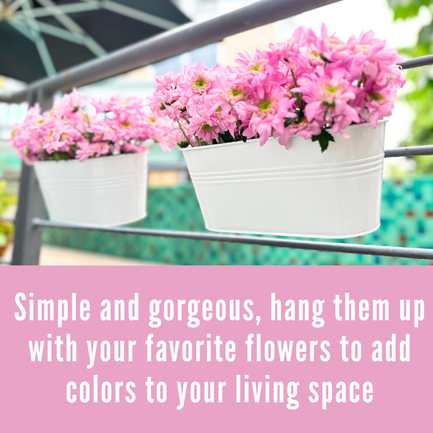 LaLaGreen Outdoor Rail Planter (10 Pack, 9.8 Inch) Small and Cute White Metal Iron Hanging Flower Pot Deck Railings Fence Buckets Countryside Style Wall Mount Window Box Plant Holder Hooks Porch Decor