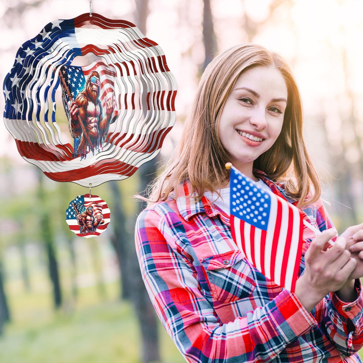 Big Foot Wind Spinners Outdoor - Bigfoot Gifts for Men, Bigfoot American Flag Wind Chime for Outside, Hanging Metal Wind Sculptures for Garden Indoor Patio Lawn Yard, Veterans Day