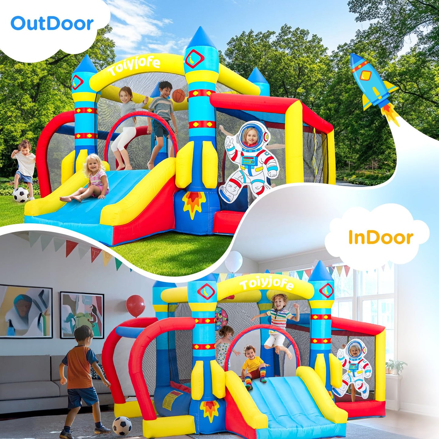 Bounce House for Kids 3-6, Space Adventure 11.5FT × 10FT Inflatable Bouncy Castle, with Slide & Ball Pit & Hoop & Soccer Goal & Blower, 7-in-1 for Indoor Outdoor Backyard Toddlers' Birthday Party