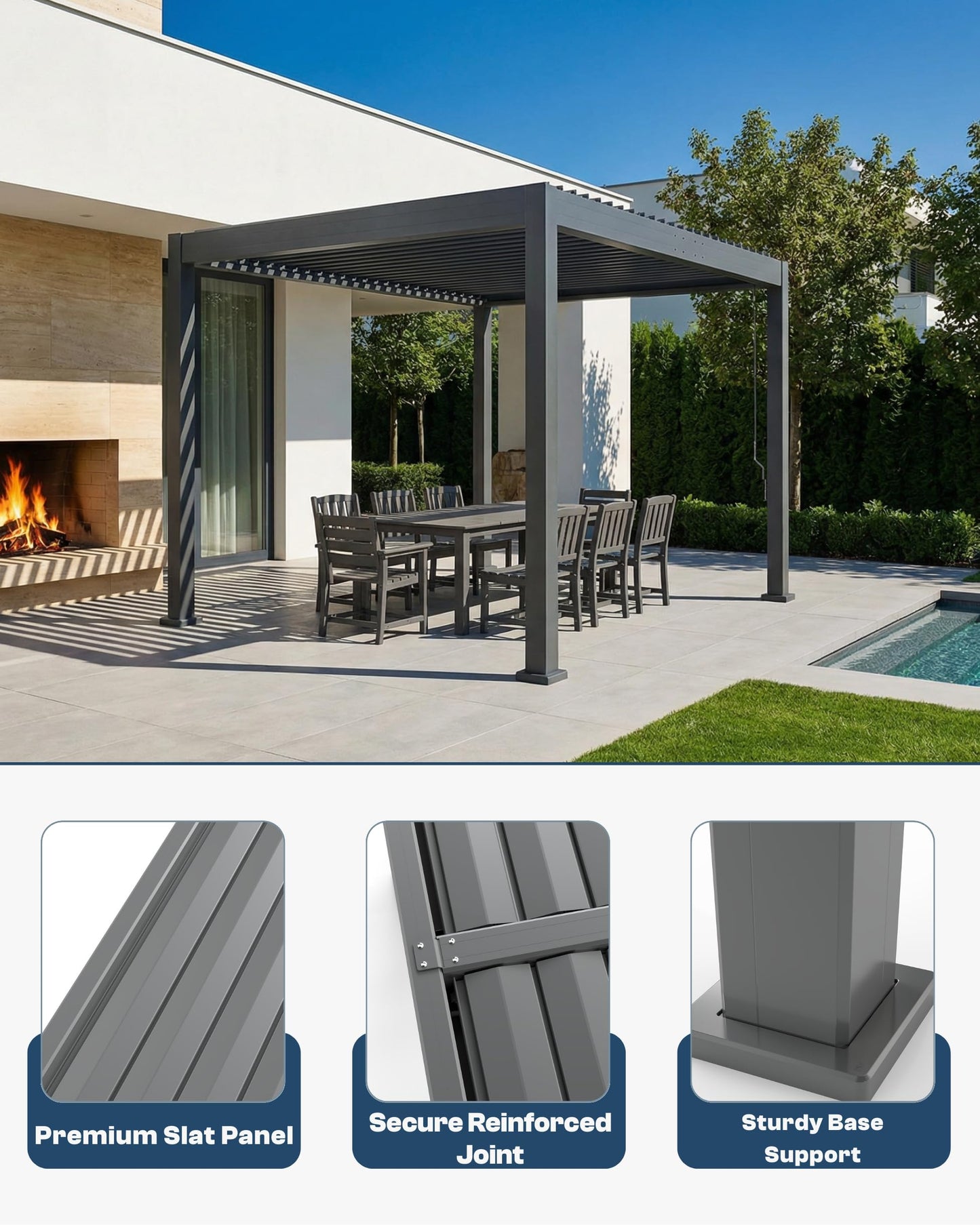 Patio Kingdom 10' x 10' Louvered Pergola Outdoor Aluminum Pergola Kit with Adjustable Roof, All-Weather Metal Gazebo with Drainage System for Patio, Deck, Garden and Backyard Shade, Gray
