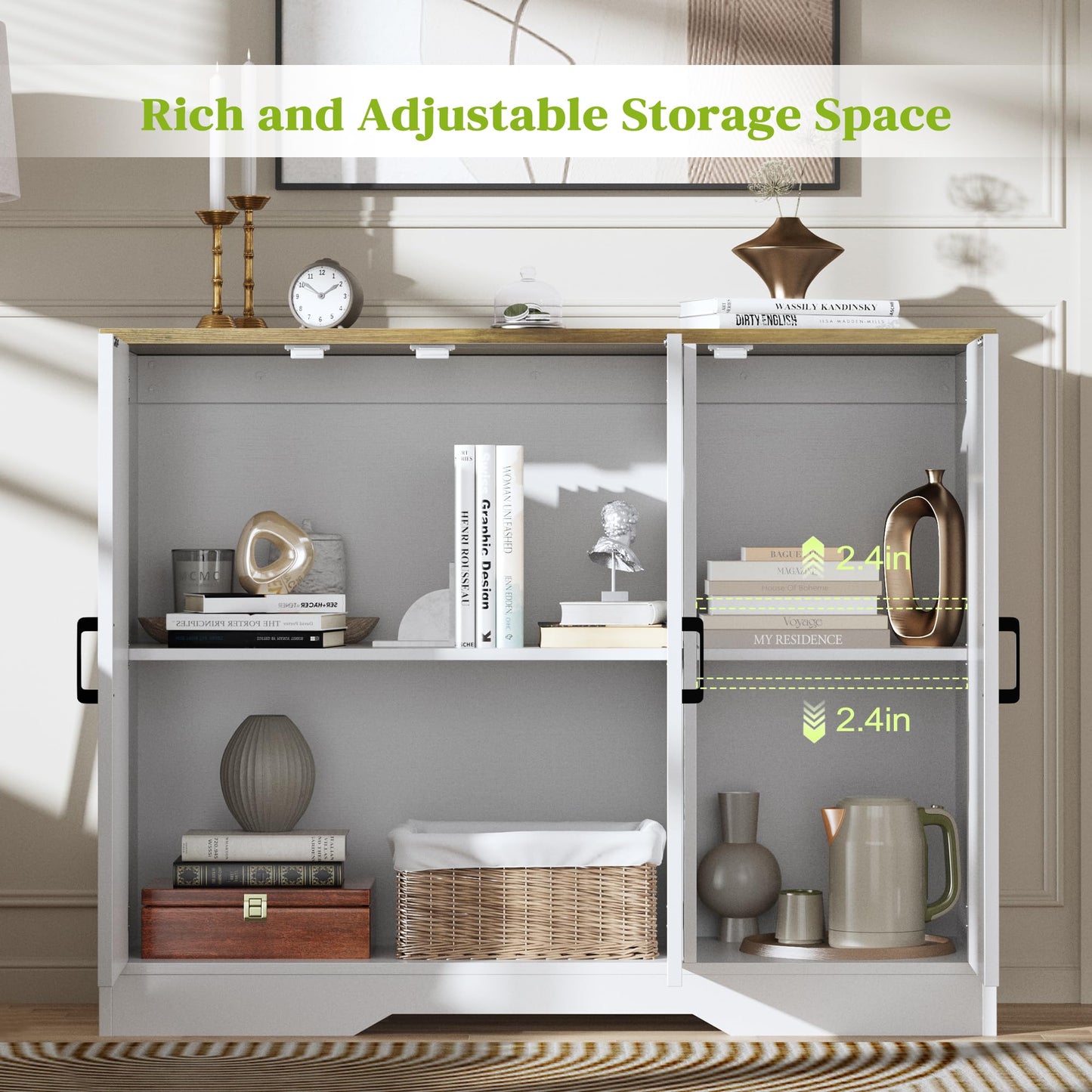 AesthLife Farmhouse Sideboard Buffet Cabinet with Doors, 42.5" Kitchen Storage Cabinets for Hallway, Living Room (Classical White)