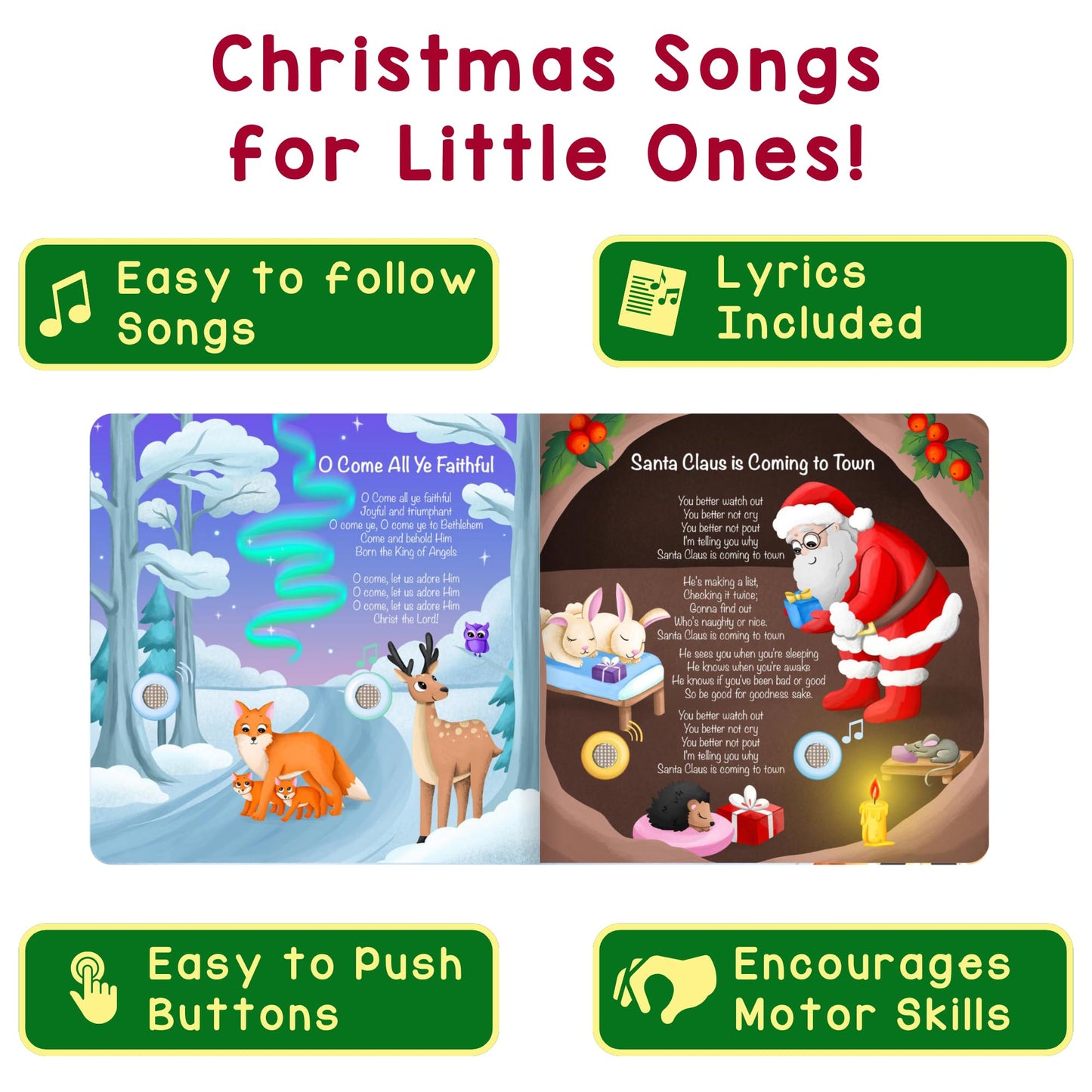 LEARNING BUGS Christmas Songs – Sing Along with 15 Festive Holiday Tunes, Musical Book for Toddlers, 28-Button Music Book, Musical Toys for Toddlers 1-3