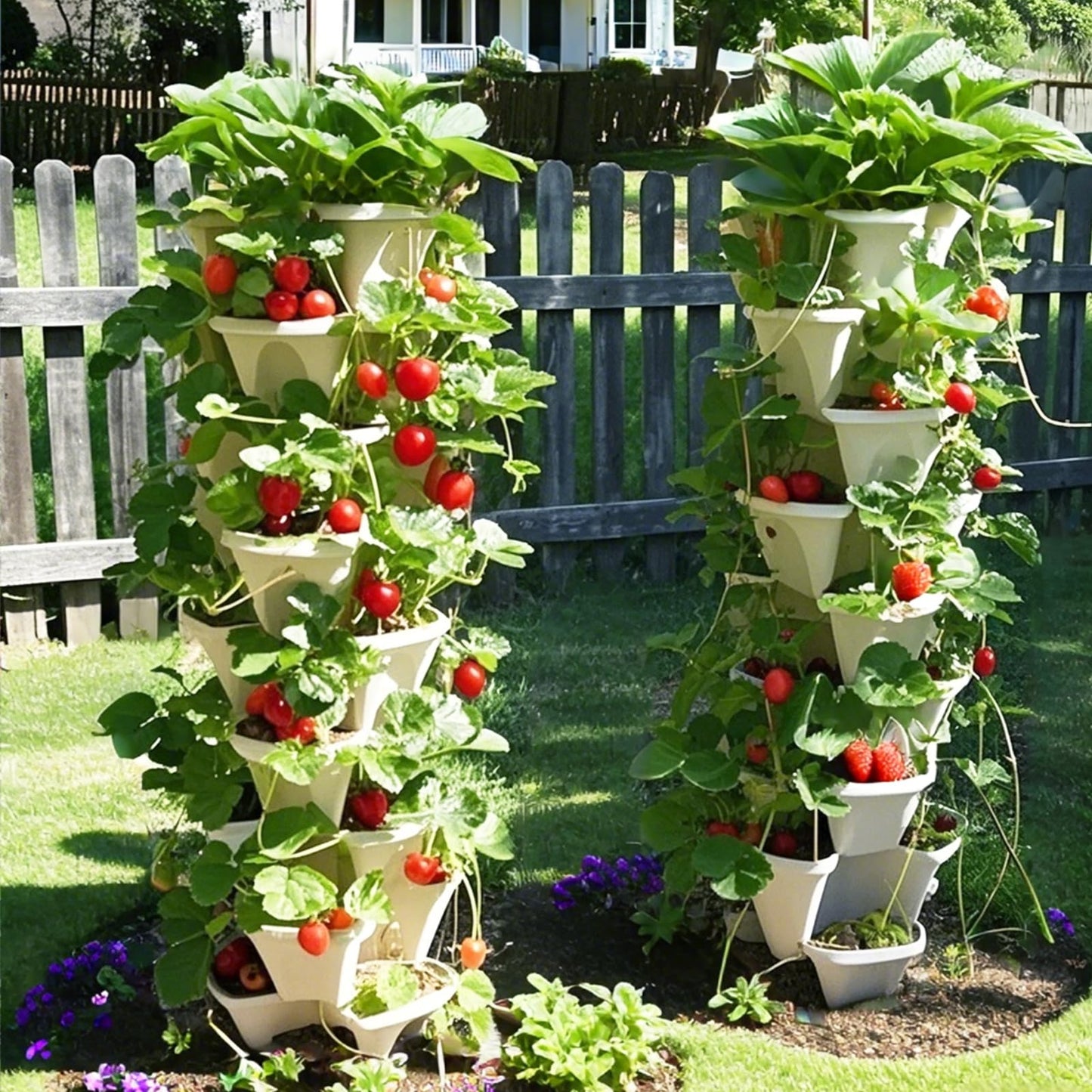 Lykvrii Strawberry Planters, 3 Tiered Vertical Stackable Planter, Herb Stacking Tower Garden, Flower Vegetable Planters with Support Pole, Indoor & Outdoor with Removable Wheels - Dark Grey