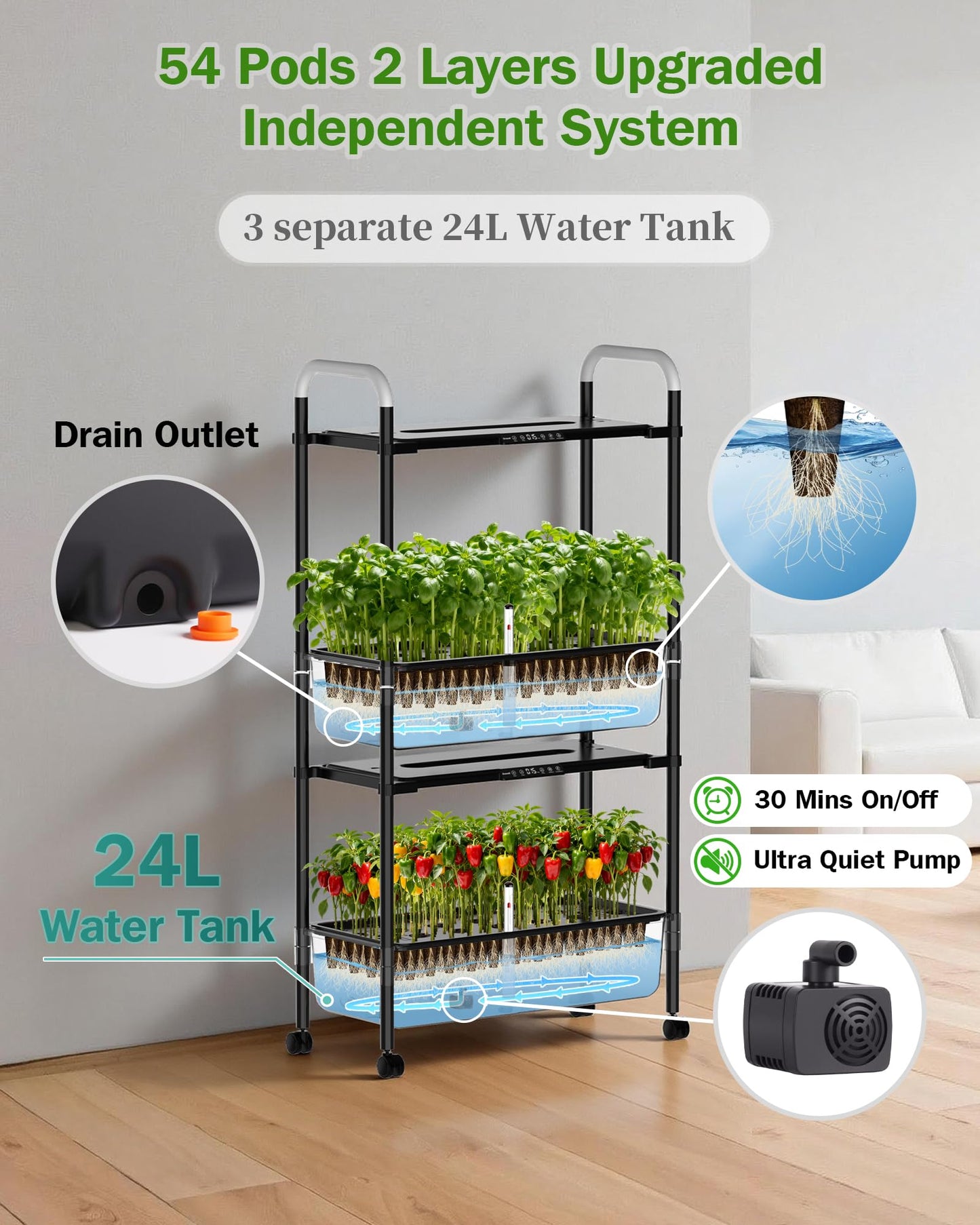 Growell Large Hydroponics Growing System Kit, Vertical Indoor Herb Garden Kit with LED Grow Light & Independent Water Pump, 28L Movable Indoor Planter Perfect Gardening Gifts (2 Tier-54 Pods Black)