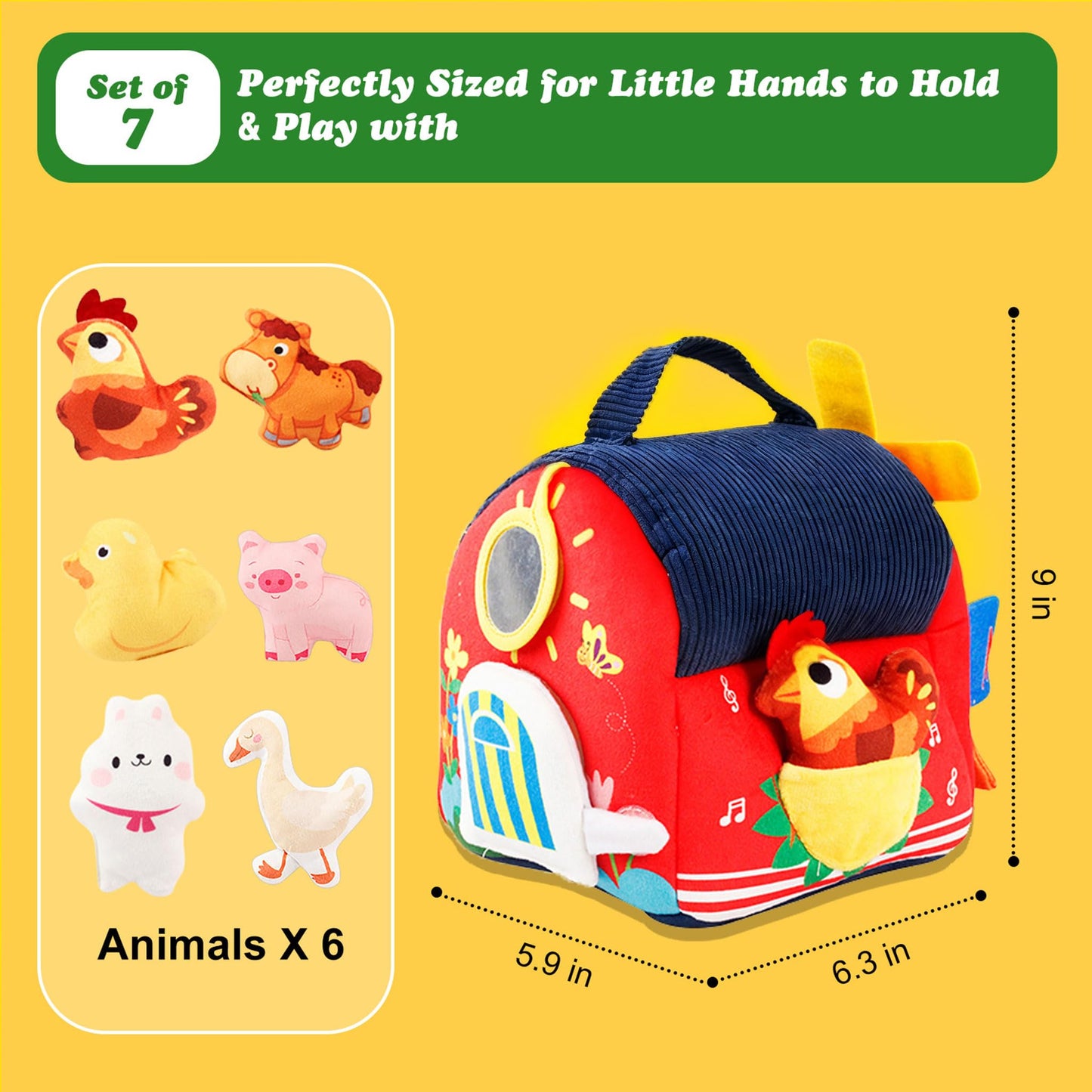Baby Toys 6-12 Months Montessori Sensory Toy Barn with Stuffed Farm Animals, Rattle, Crinkle for Infants. Portable Learning Gift for 6 Month Old, 1-3 Year Old Toddlers, Christmas Stocking Stuffers