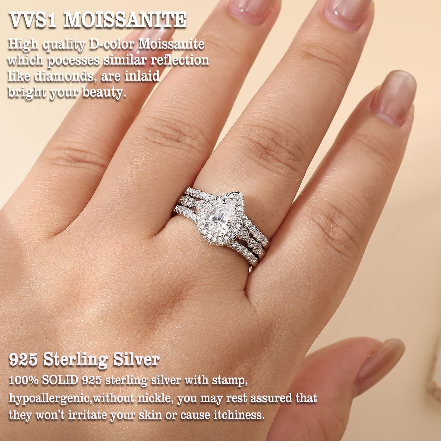 Newshe Jewellery Moissanite Wedding Rings for Women 925 Sterling Silver Pear Cut Engagement Ring Sets Teardrop Bridal Band Enhancer Size 6.5