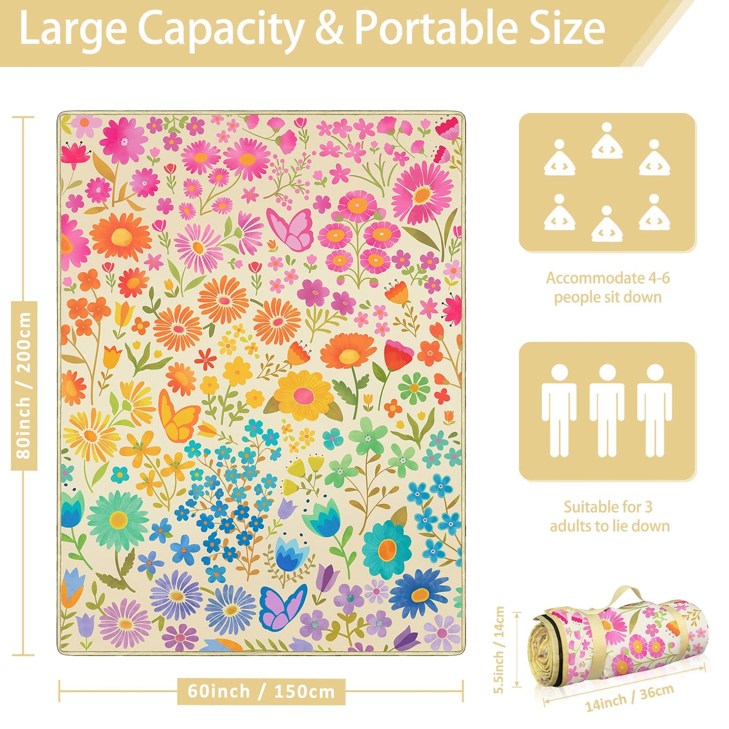 Floral Picnic Blankets Waterproof Foldable, 60″X80″ Packable Picnic Mat Flowers Outdoor Blanket for Grass, Large Beach Blanket Sandproof Picnic Accessories for Camping Music Festival Park Lawn Travel