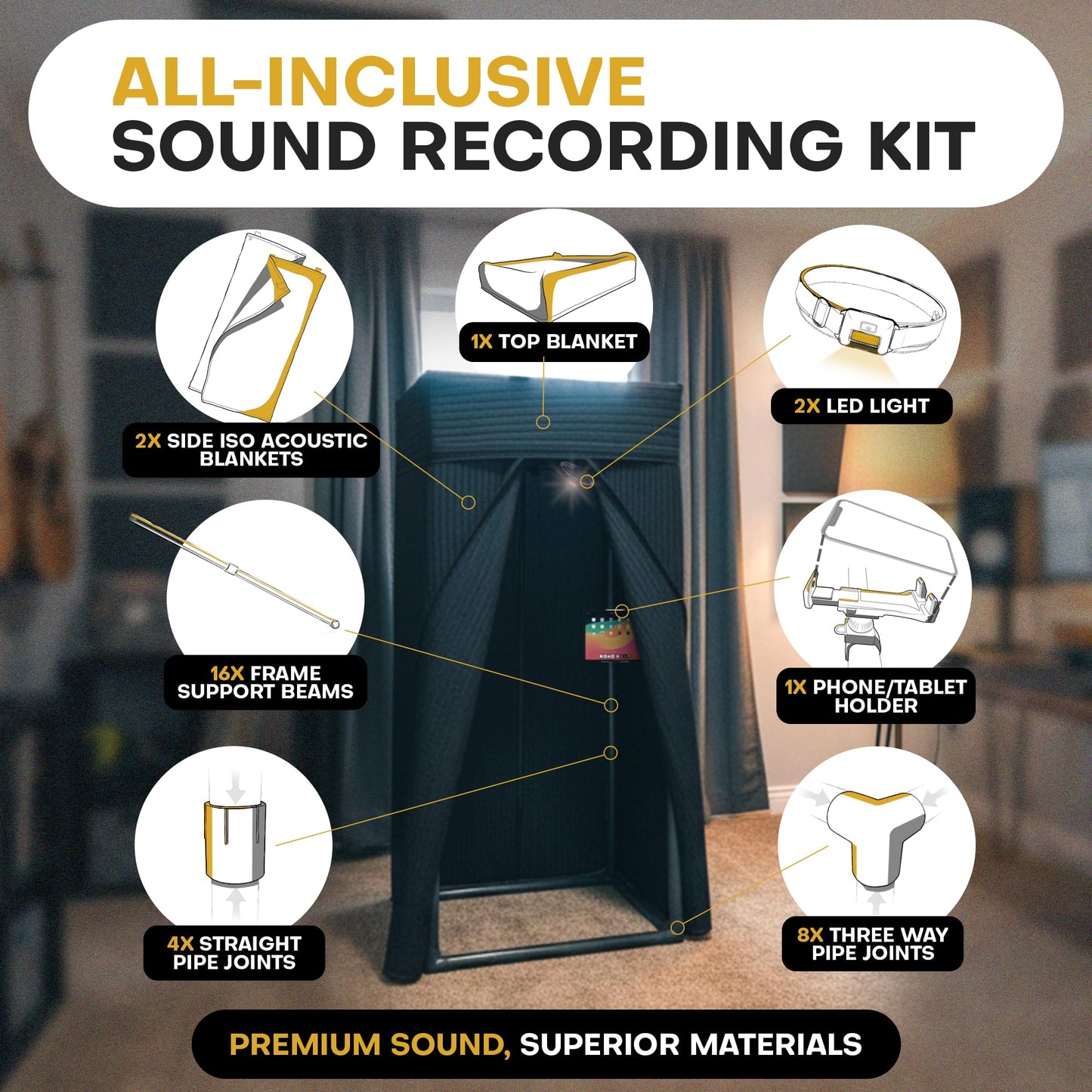 Portable Vocal Booth for Recording, Portable Recording Booth for Home Studio, Acoustic Treatment to Reduce Echo, Sound Isolation Booth, 5-Min Assembly w/Travel Bag, Lights, Phone Holder (2026 Update)