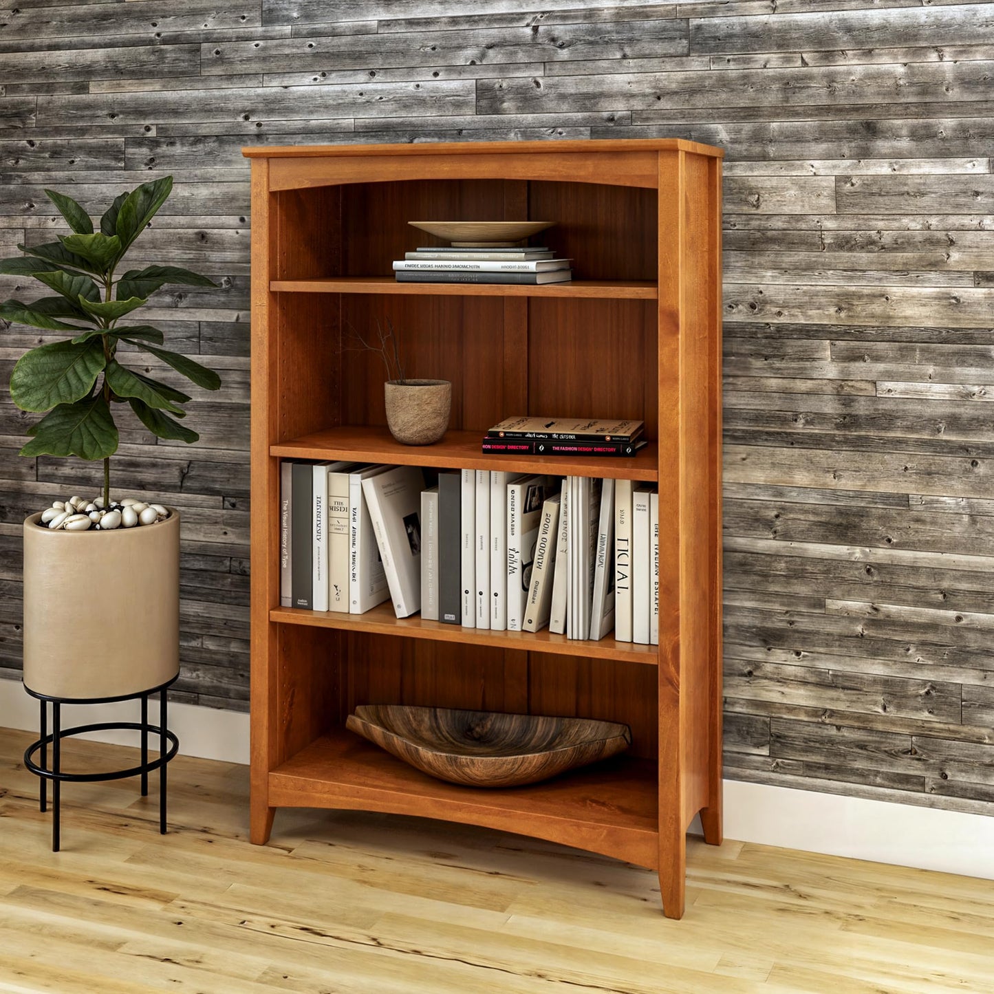 Shaker Style 4 Shelf Bookcase / Solid Wood / 48" High / Adjustable Shelving / Closed Back / Display Bookshelf for Living Room, Bedroom, Home and Office, Cherry