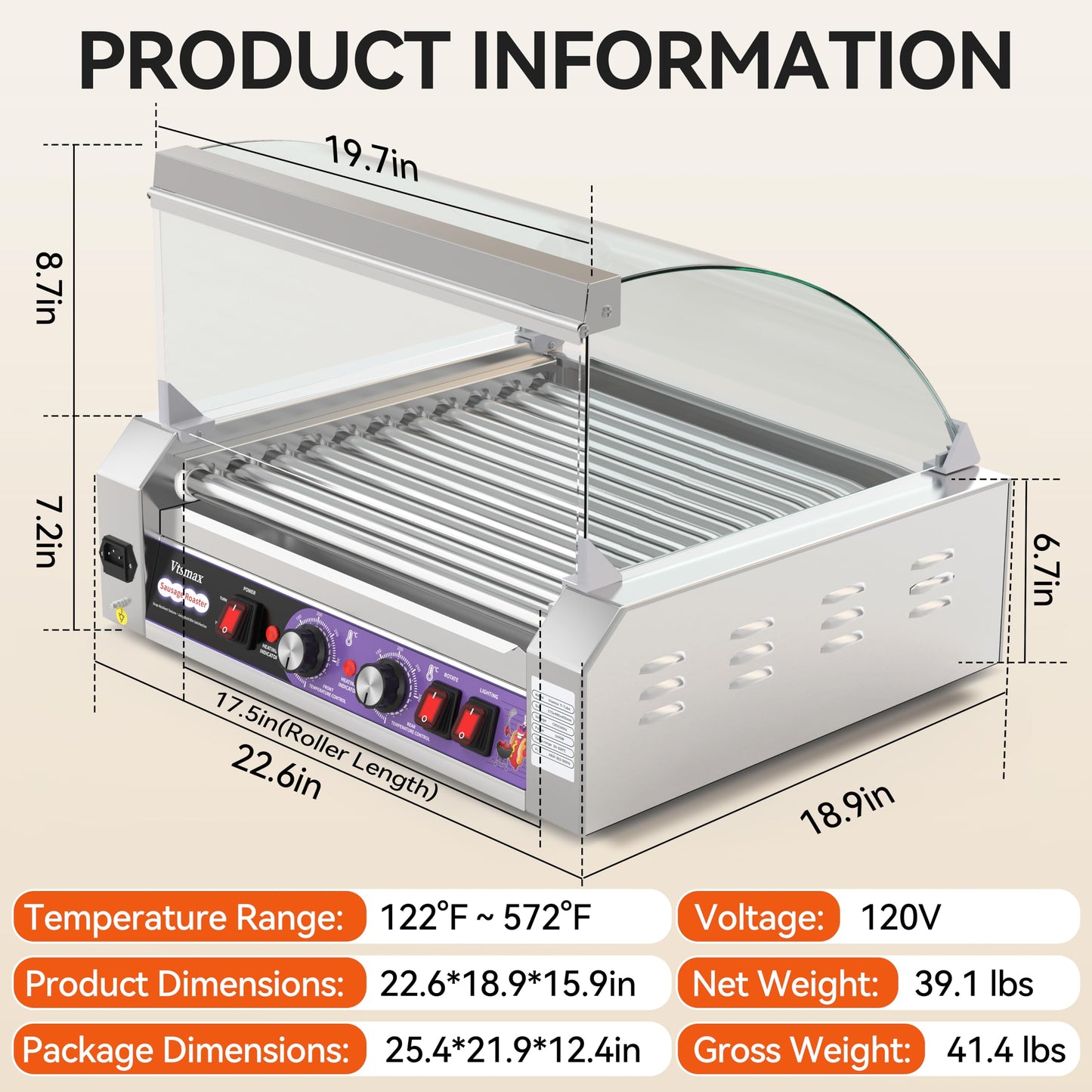 Commercial Hot Dog Roller 11 Rollers, 304 Stainless Steel, Extra Large Capacity, Fast Heating Electric Hot Dog Cooker, for Restaurant & Concession Stand