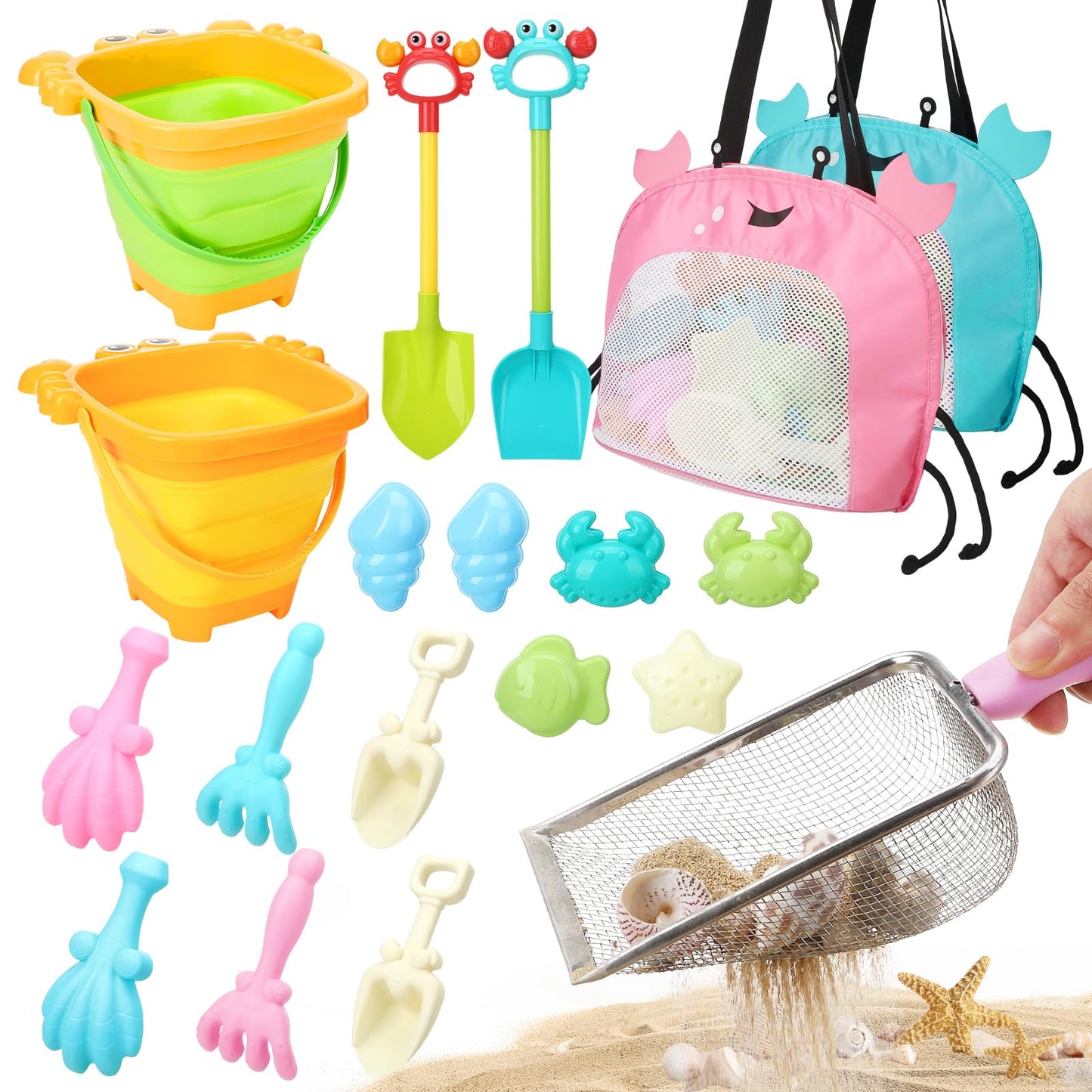 Guiqulai Summer Beach Toys Set for Kids Collapsible Sand Bucket Shovels Crab Molds Mesh Bag Outdoor Sandbox Water Play Toys for Boys Girls Travel Essential