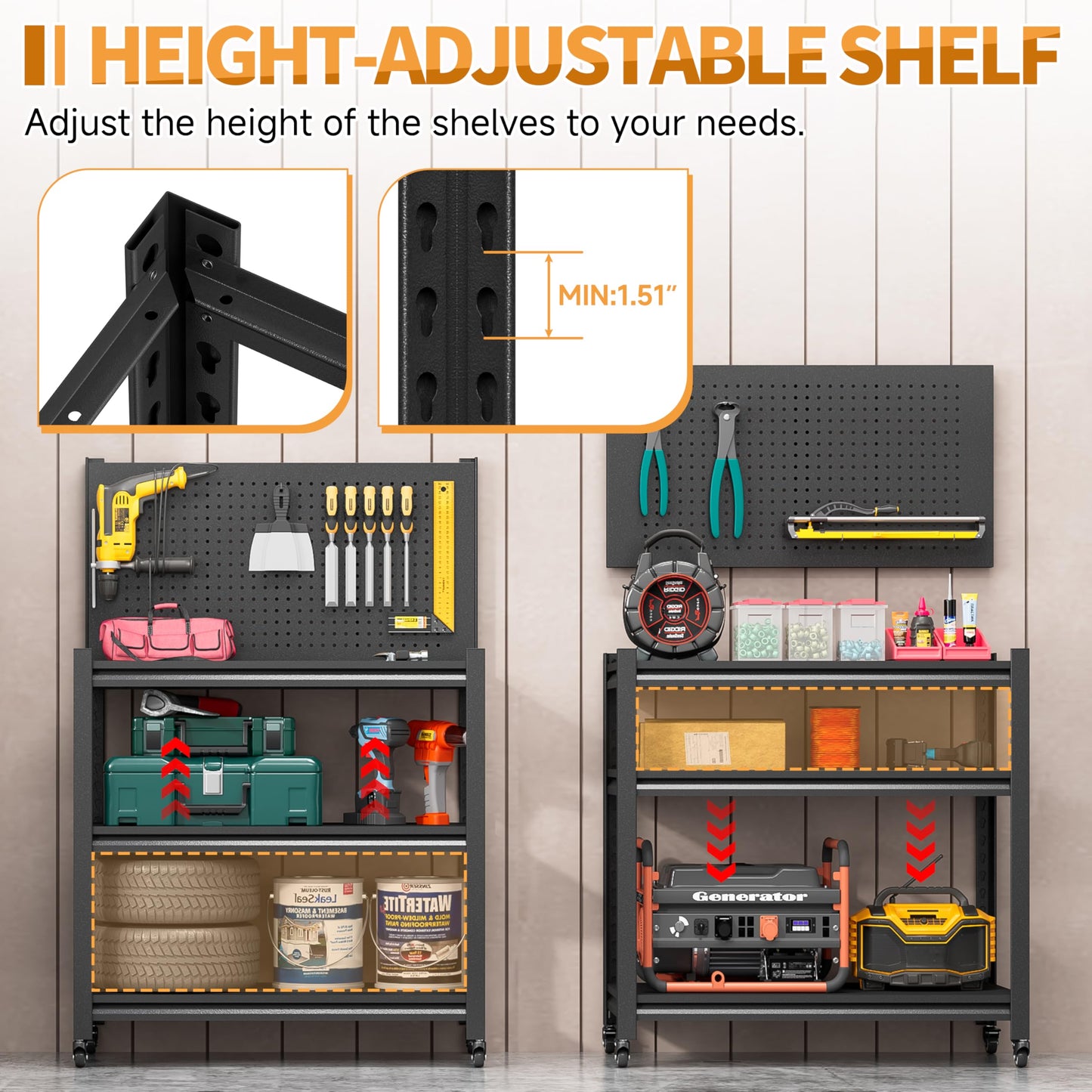 48" H Metal Garage Workbench with Pegboard,3-Tier Roling Tool Work Bench,Adjustable Heavy Duty Work Table on Wheels,Black Mobile Workstation for Garage Warehouse Workshop,Screwless Design