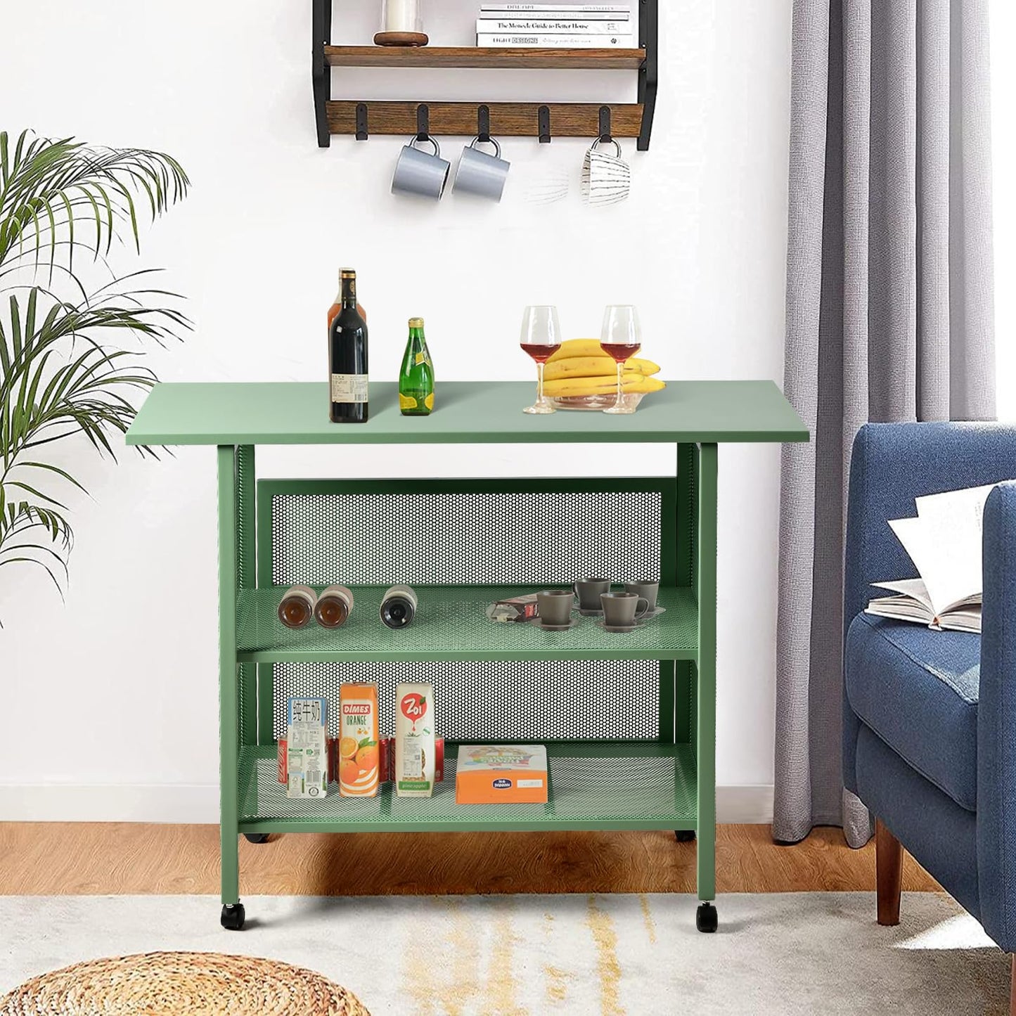 BOKKOLIK Industrial Kitchen Cart, 47.3x19.7x36.6 inches, 3-Tier Metal Rolling Serving Cart with Casters, Green