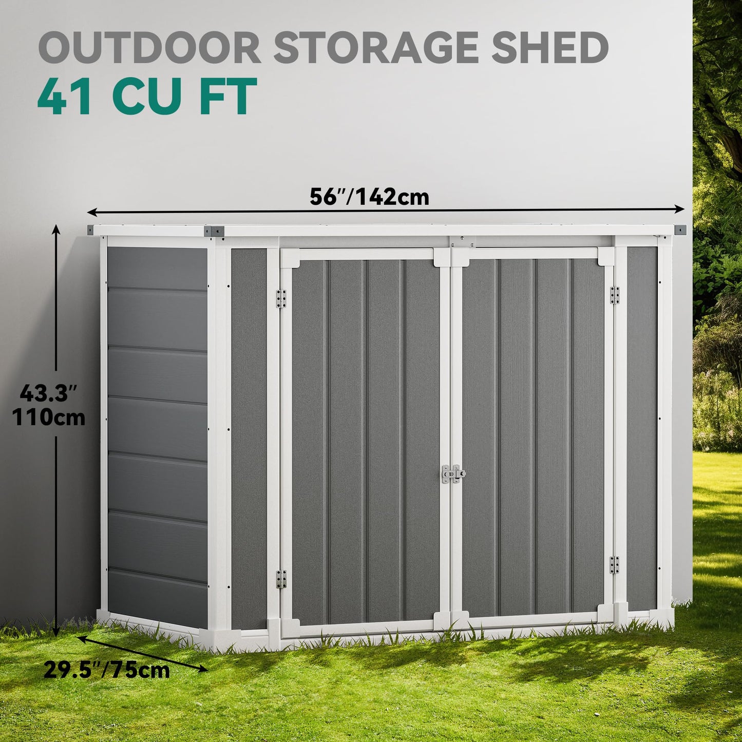DWVO 41 Cu.ft Horizontal Resin Storage Shed, All Weather 4.7x2.5 FT Outdoor Garden Shed with Hydraulic Struts, 3 Locks, Lockable to Floor for Garden Tools, Trash Cans, Gray