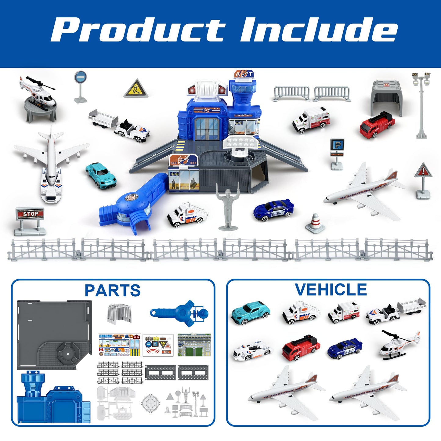 Airplane Toy Set with Trucks, Helicopter, Planes, Signs and Airport Playmat, Interactive Early Learning Toys for Boys Girls, Great Gift for Birthday