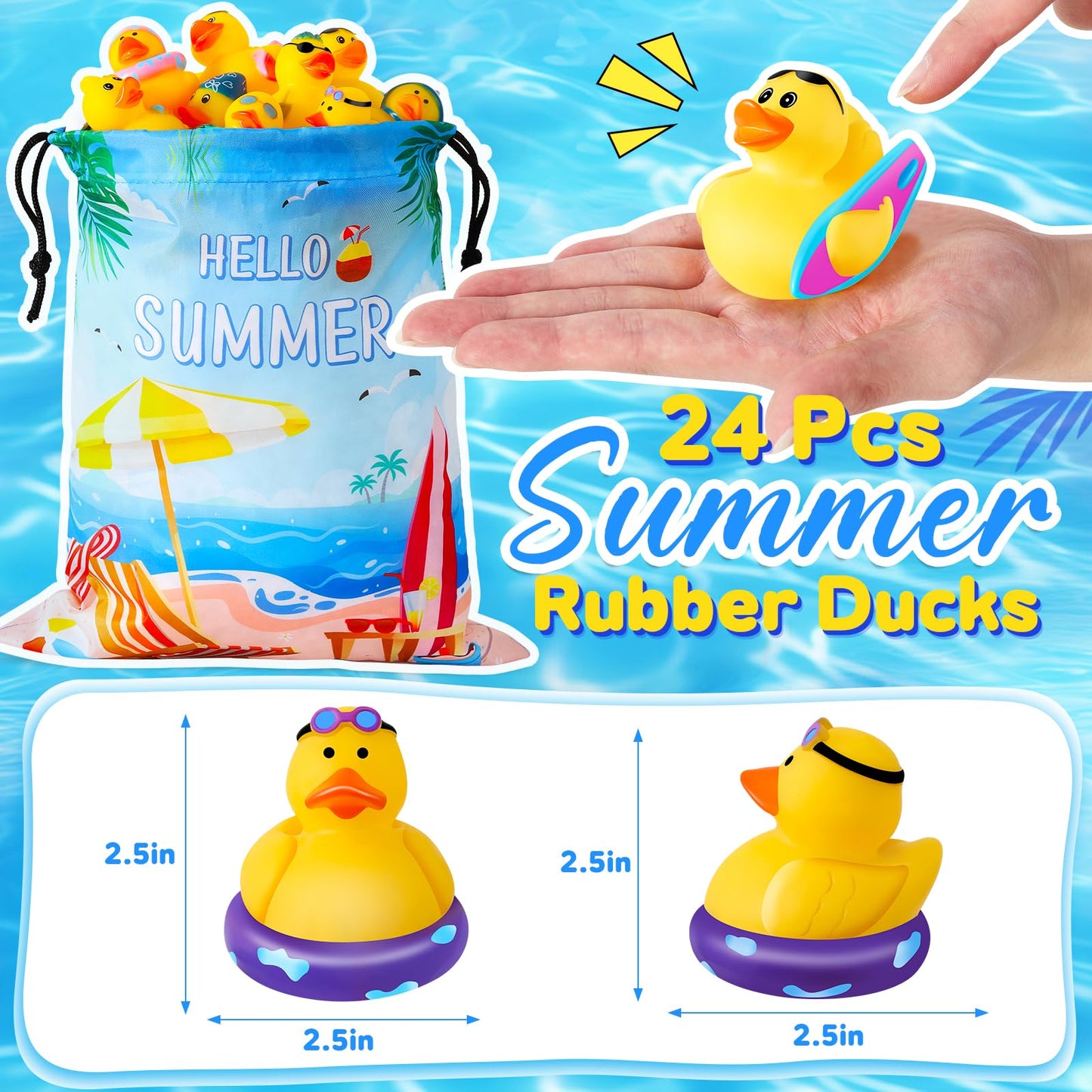 24 Pcs Summer Rubber Ducks with a Bag, Ducks for Jeeps, Assorted Beach Toys for Duckies Games, Summer Prizes Holiday Party Favors, Bath Cruise Toys, Water Pool Toys for Baby Toddler Kids