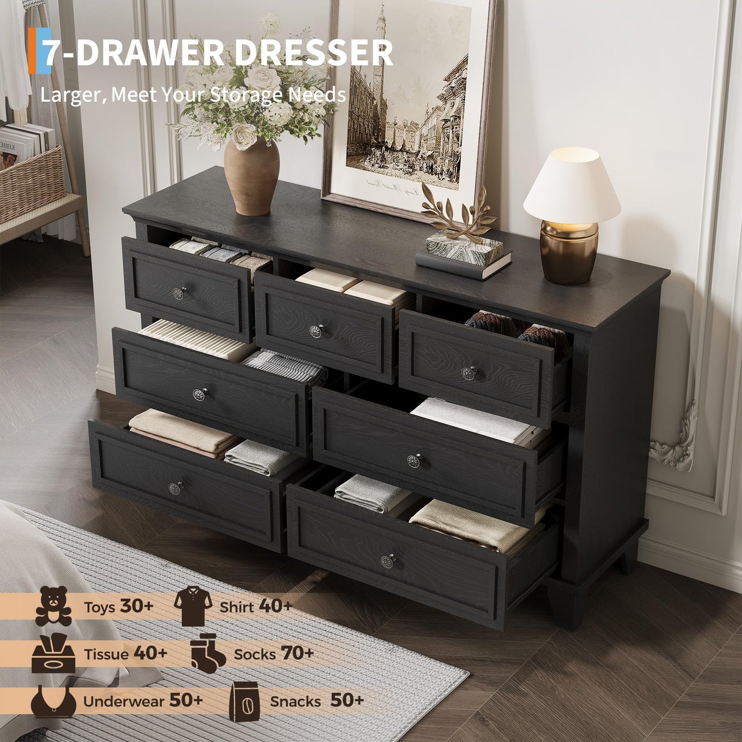 IDEALHOUSE 7 Drawer Dresser, Large Wooden Storage Chest of Drawers with Exquisite Metal Handles, 47" Wide Dresser TV Stand, Drawer Organizer for Bedroom, Living Room, Hallway, Entryway, Black