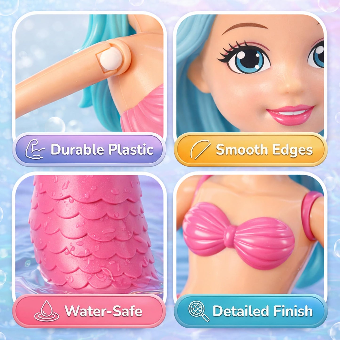 Mermaid Bath Toys for Toddlers Kids Girls - Princess Wind Up Tail Flap Floating Water Bathtub Toys, Swimming Pool Bathing Time Fun (4 Pack)