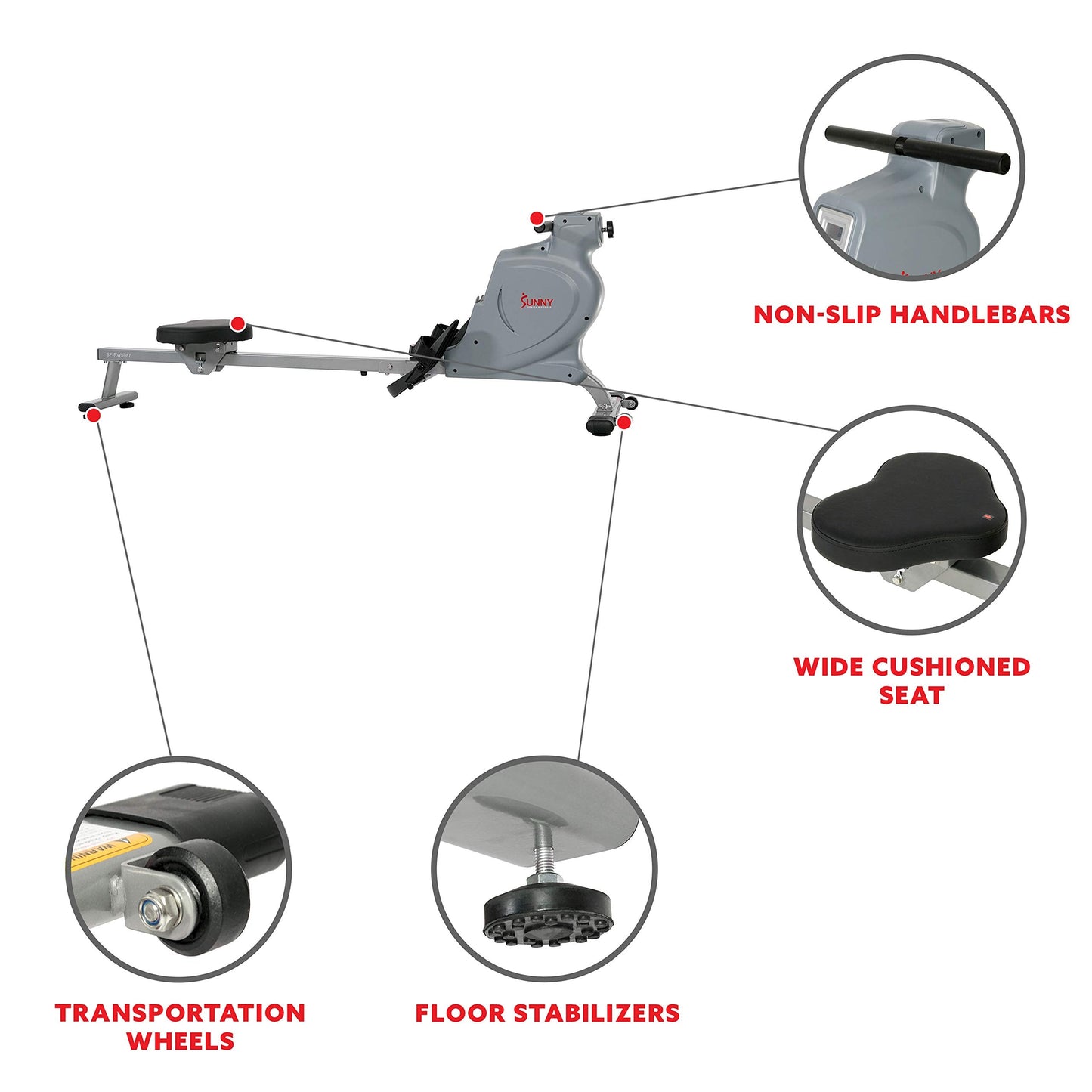 Sunny Health & Fitness Silent Magnetic Rowing Machine with 16 Level Resistance – Home Rower Designed for Low-Impact Full-Body Workouts and Users up to 220 LB - SF-RW5987