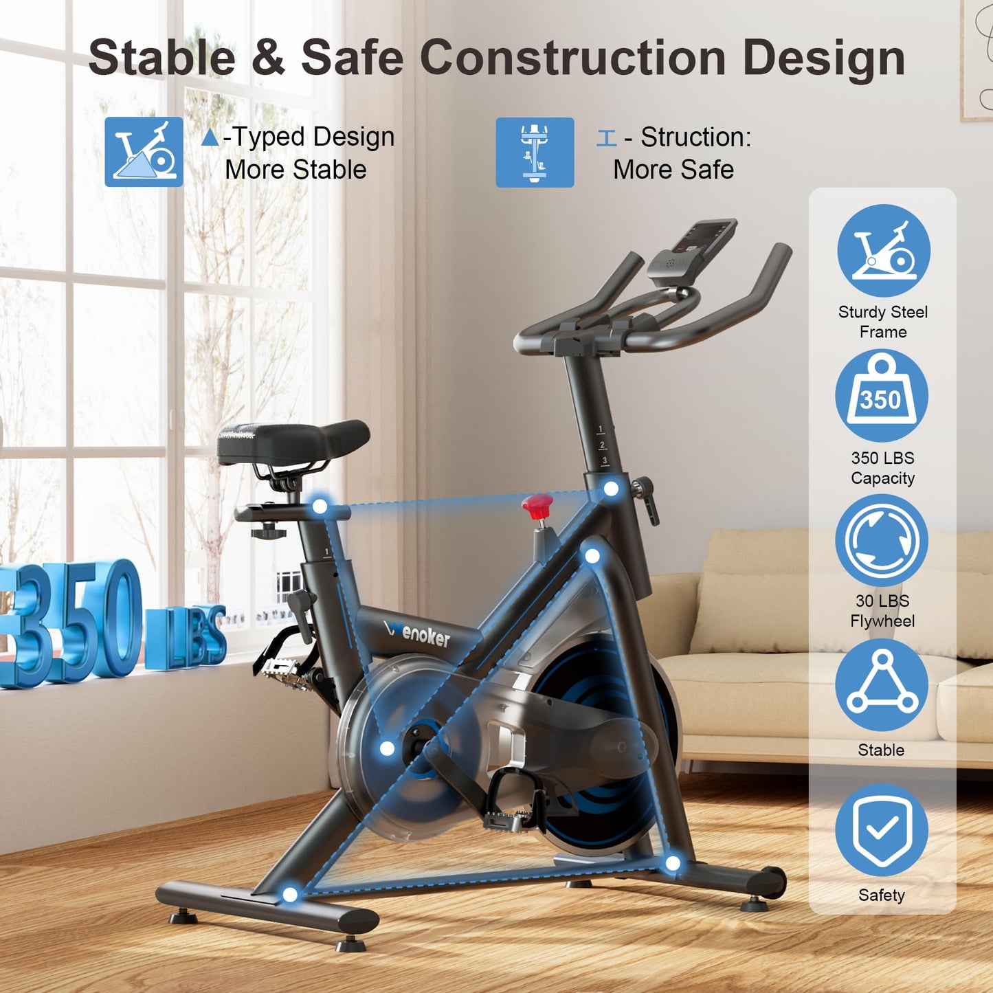 Magnetic Exercise Bike for Home – Adjustable Silent Spin Bike with 350lb Capacity, APP Connectivity, LCD Monitor & Device Holder – Indoor Cycling Bike for Cardio & Weight Loss