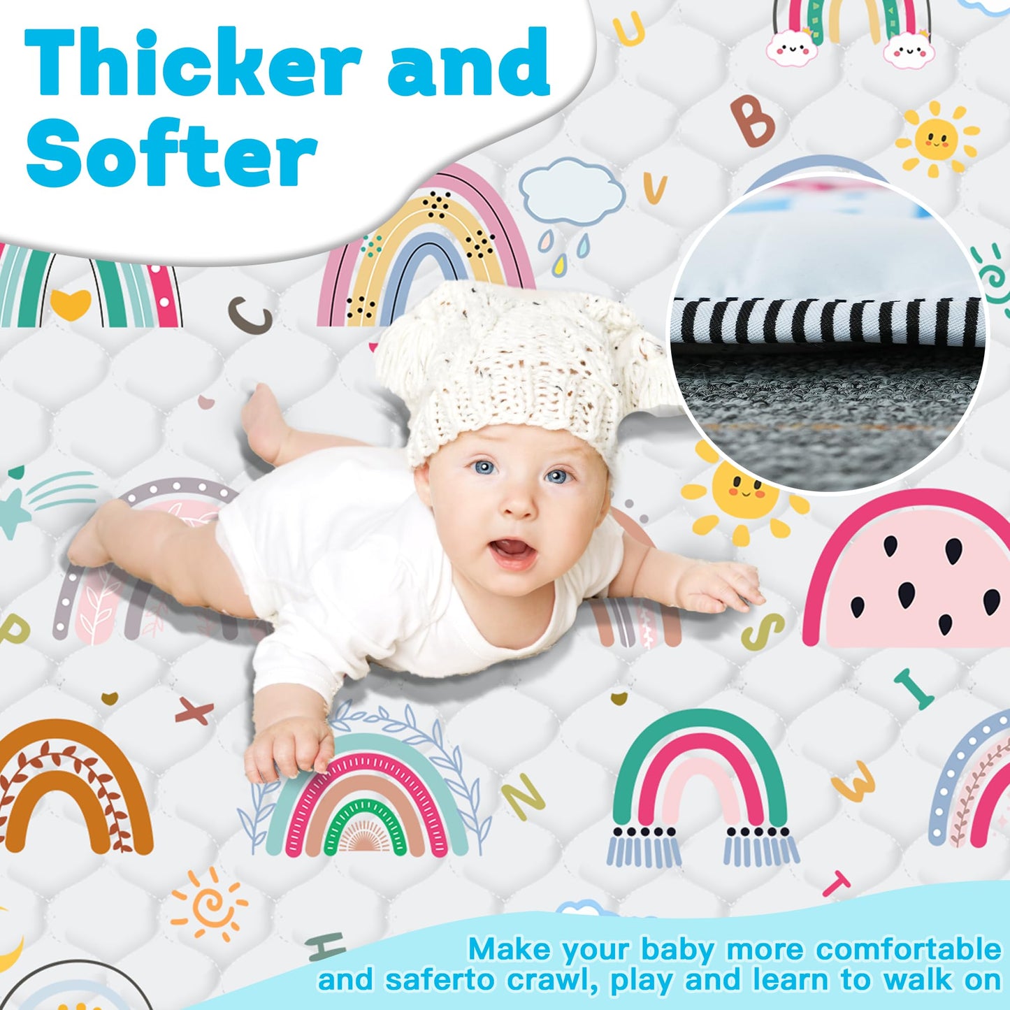 Baby Play Mat，Thick Soft 50" X 50" Playpen mat, Non-Slip and Machine Washable Baby Play Mats for Floor ，Crawling Mat for Babies, Toddlers & Infants to Play and Learn (Rainbow)