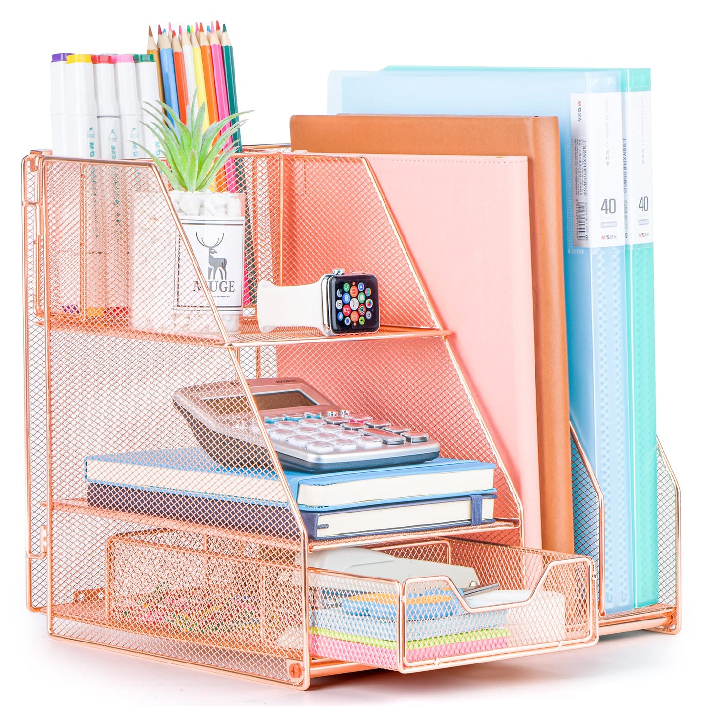 Desk Organizer, File Organizer for Desk with 2-Tier Paper Letter Tray, Drawer and 2 Pen Holder, Mesh Desktop Organization with Magazine Holder for Office Supplies