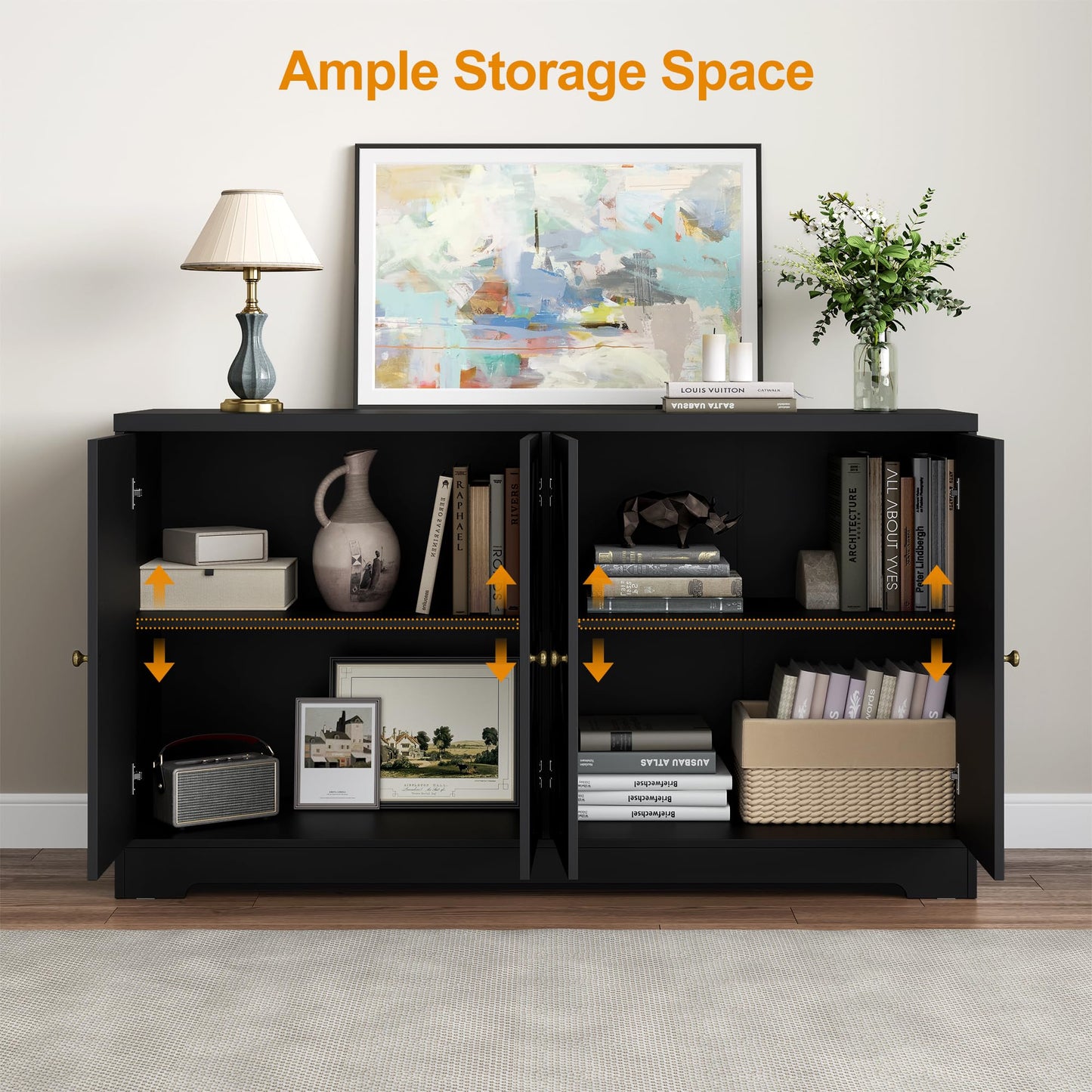 FansaFurn Sideboard Buffet with 4 Doors, Mid-Century Sideboard Cabinet with Adjustable Shelves, Accent Cabinet for Entryway, Living Room, Dining Room, Black