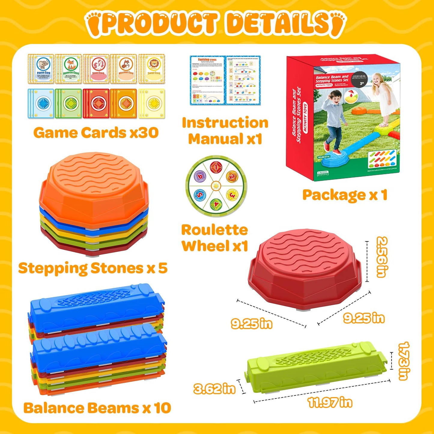 15PCS Rainbow Stepping Balance Beam Stones for Kids Toddlers - Indoor & Outdoor Sensory Toys for Outside Play Games,Without Light Up&Music Non-Slip Jumping Blocks for Obstacle Course Boy Girl Gifts
