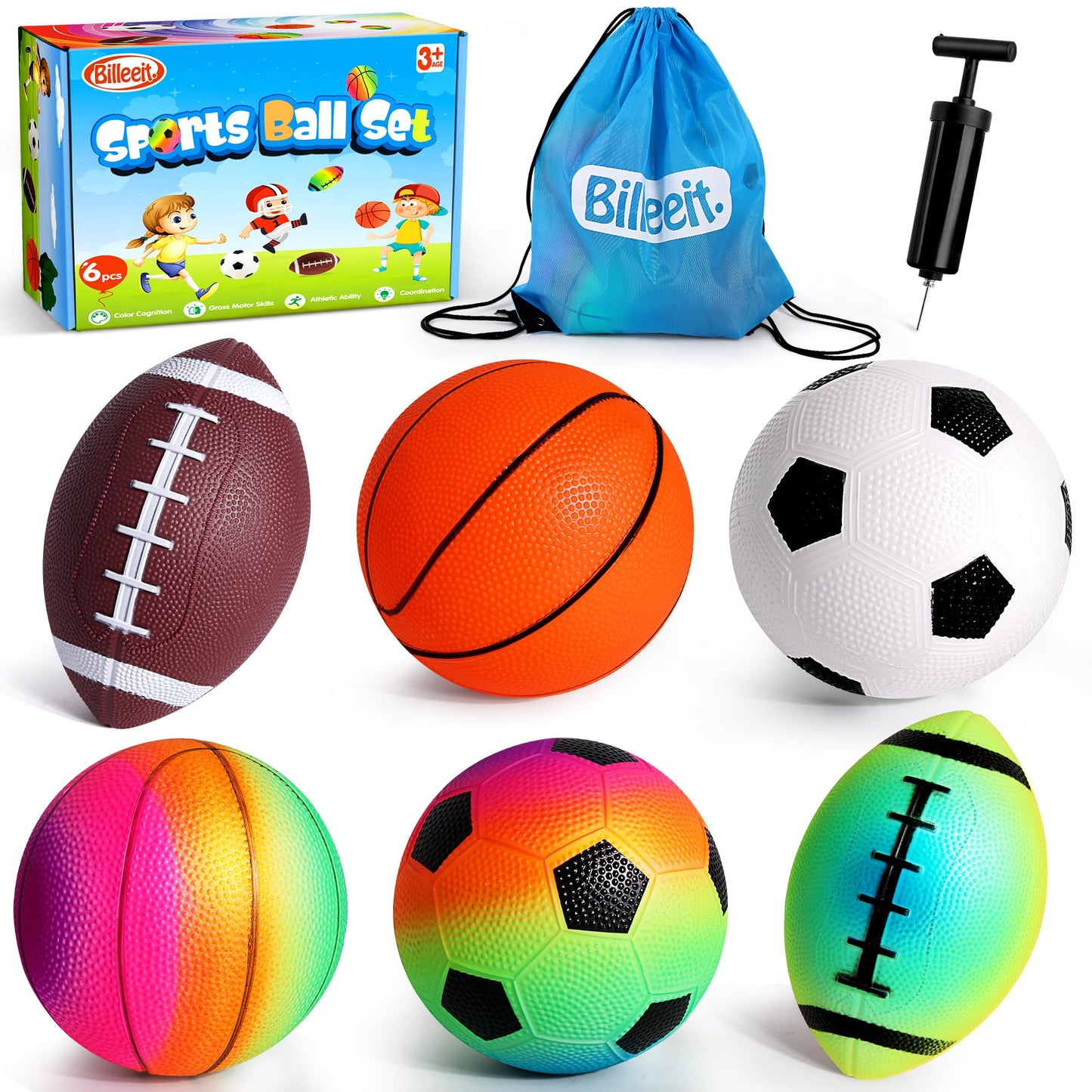 Billeeit Small Sports Balls for Toddler Pack of 6, Ball Gift for Kids, 2 Each of 5" Football, Basketball, Soccer for Playground, Toy Balls Inflatable Multi-Sport Ball Set with 1 Pump, Bulk Available