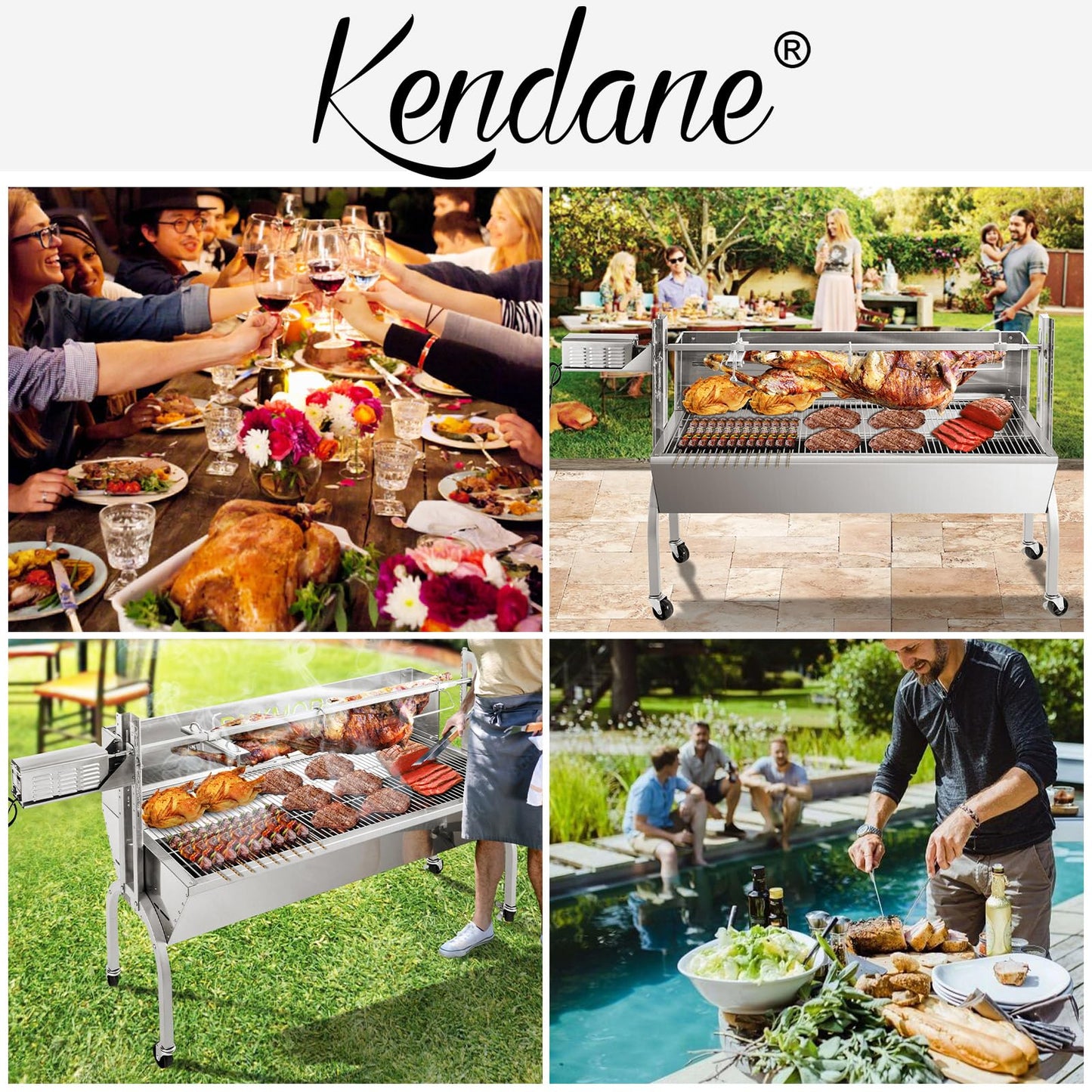 Kendane Rotisserie Grill Charcoal Spit Roaster, Stainless Steel 46" Pig Lamb Hooded Roaster Charcoal Spit with 30W Motor & Adjustable Height Lockable Casters for Party Barbecue, Rated 150 LB