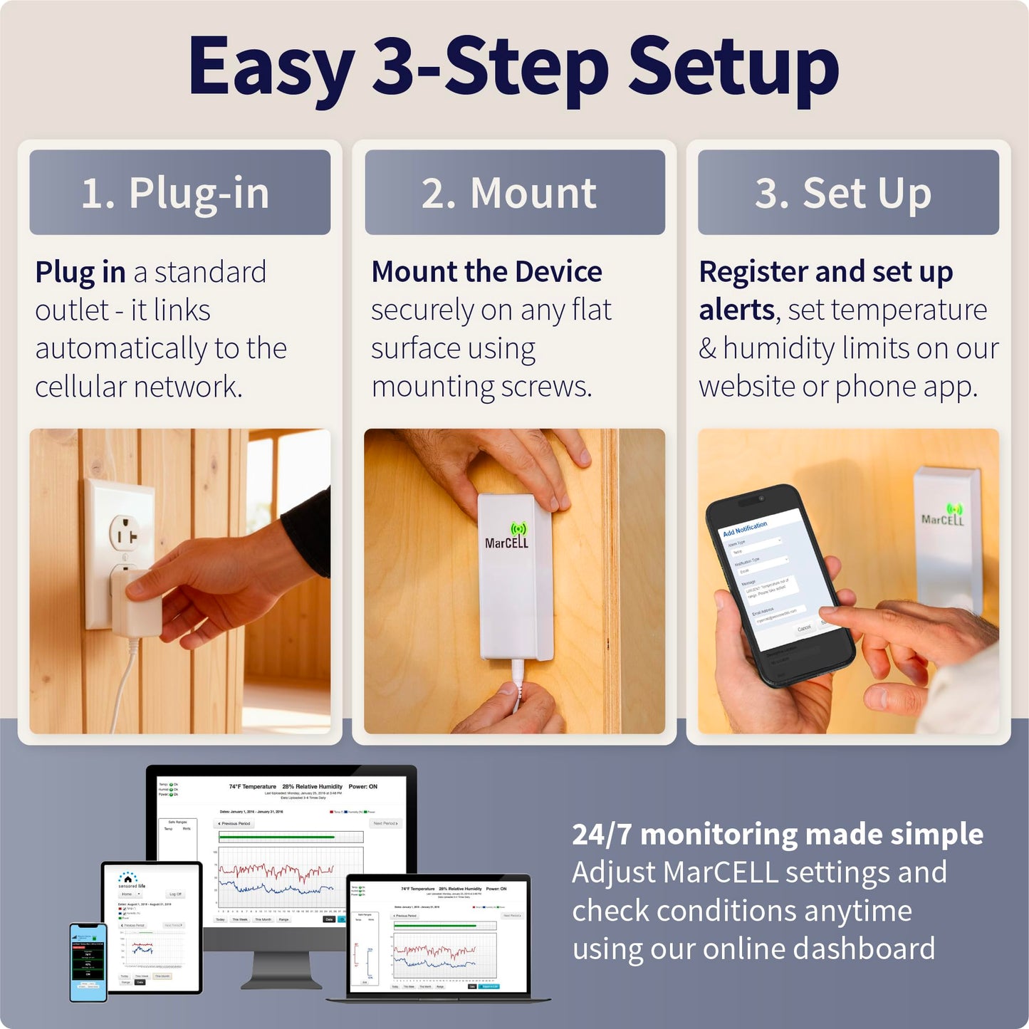 MarCELL Cellular Temperature, Humidity & Power Monitor (Verizon) - Made in The USA - RVs, Pet Safety Monitoring, Second Home Monitoring, Greenhouse Monitoring,- 24/7 Monitoring & Instant Alerts