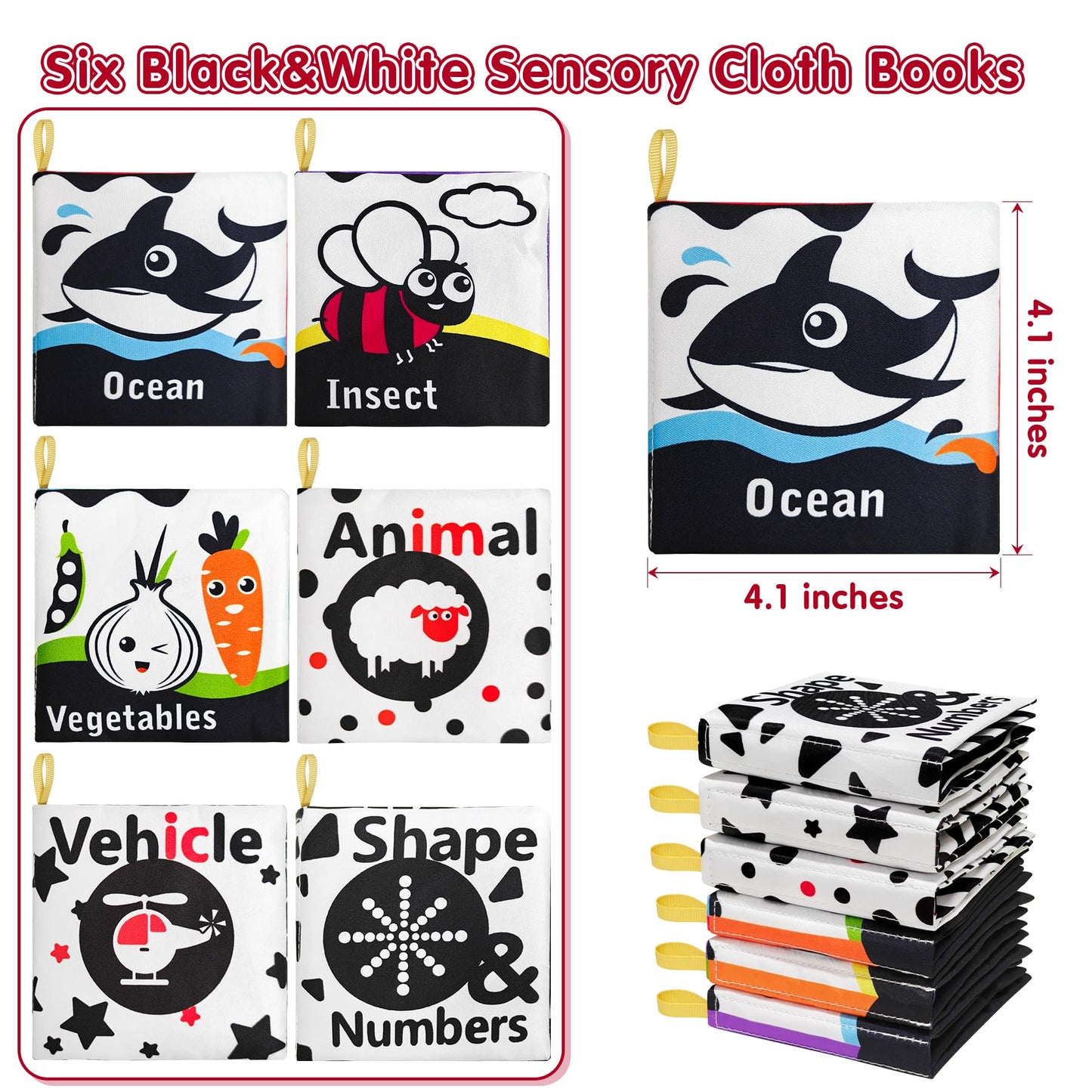 6 PCS High Contrast Black and White Crinkle Cloth Books for Infants 0-3 3-6 Months, Tummy Time Soft Book,Montessori Sensory Toys for Brain Development, Baby Educational Toys Gift for Boys Girls