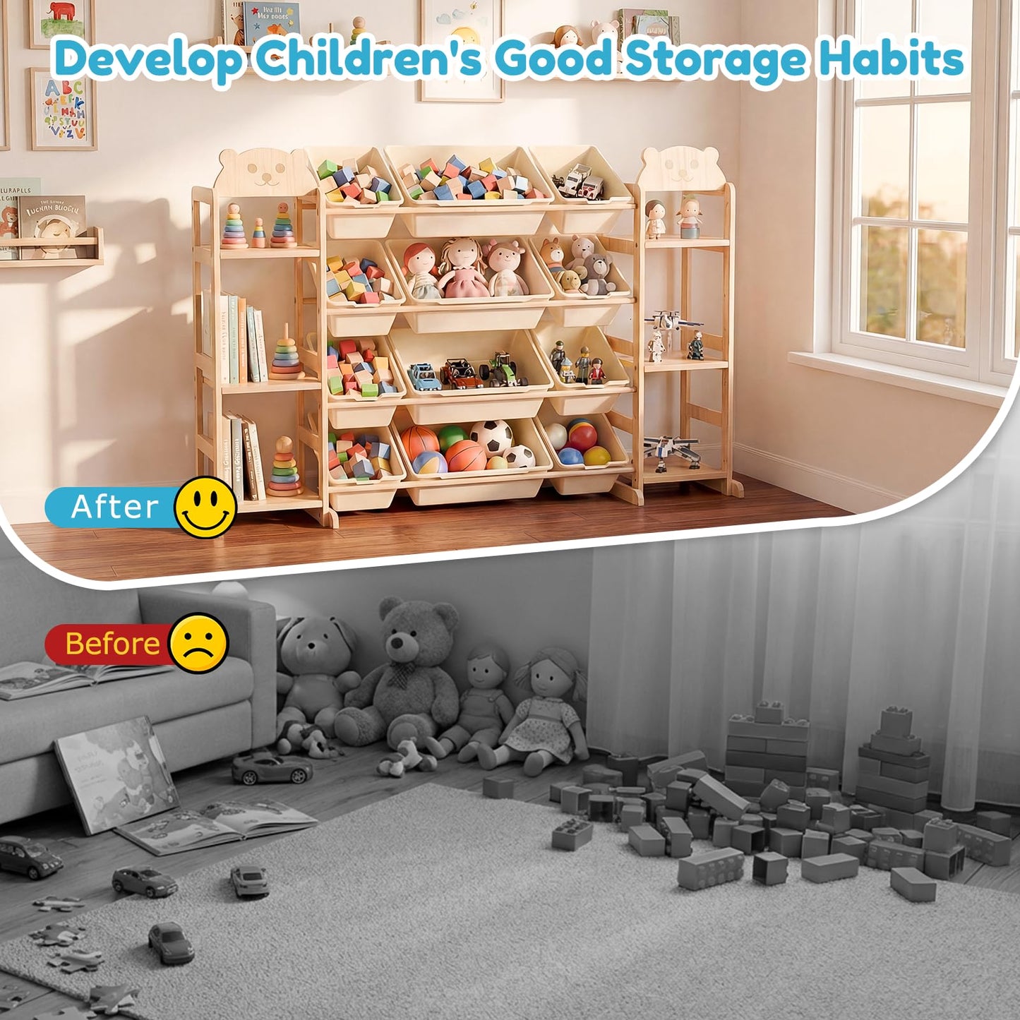 Toy Storage Organizer, Extra Large WoodenToy Storage, with 6 Side Shelves and 12 Bins, 3 -in-1 Bookshelf for Bedroom Playroom, Nursery, Wood Kids Toy Shelf and Bookcase 52.3"W x 13.5"D x 31.5"H