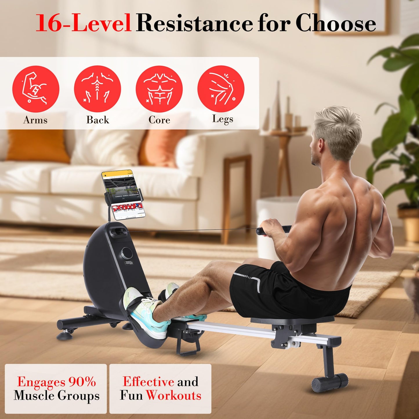 Rowing Machines for Home,Magnetic Rowing Machine with 16 Levels, 350 LB Weight Capacity, Free Snailcle App