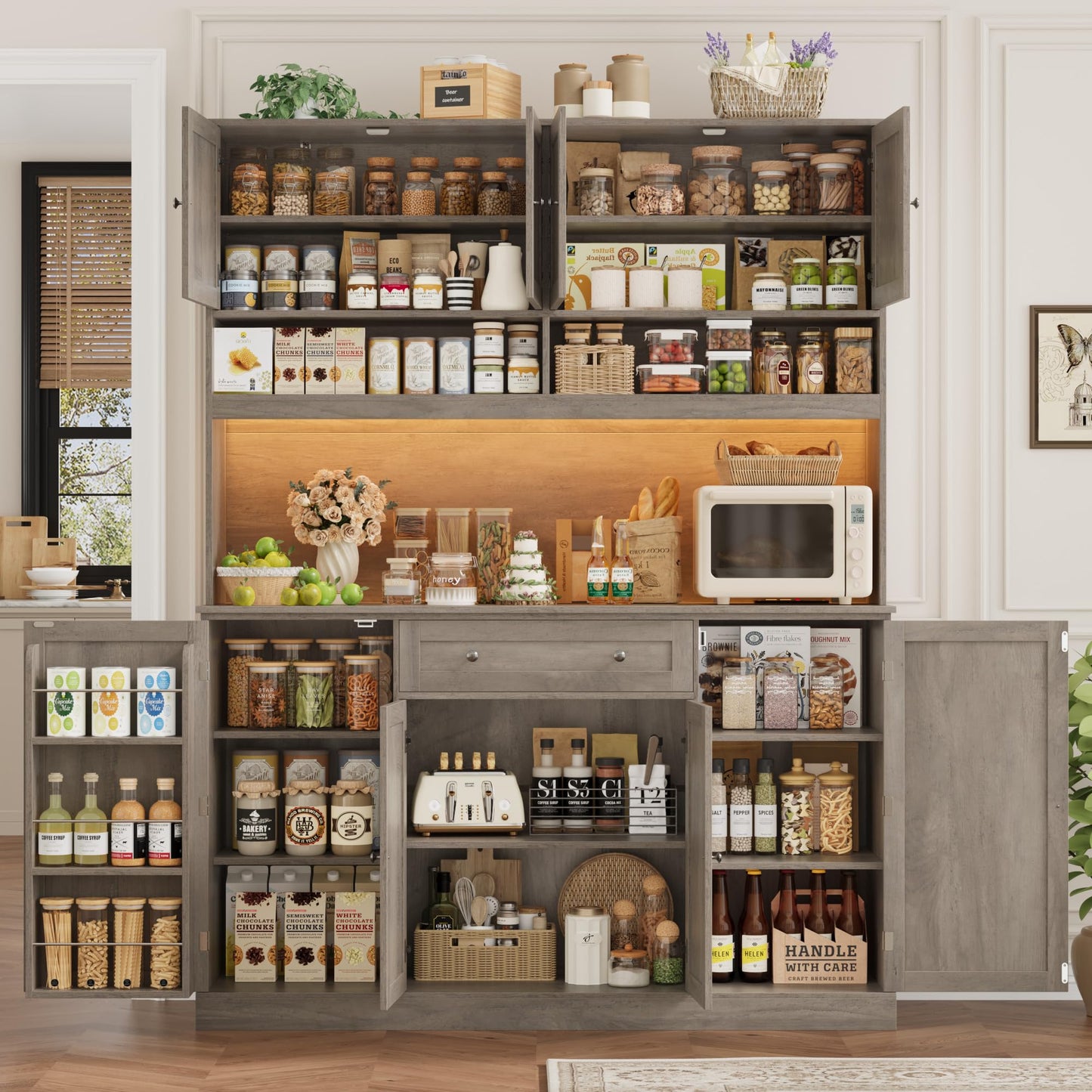 HIFIT 72.8” Tall Kitchen Pantry Cabinet with LED & Charging Station, 55” Wide Farmhouse Pantry Storage Cabinet with Microwave Stand&Shelves&Barn Doors, Kitchen Hutch Coffee Bar for Living Room, Grey