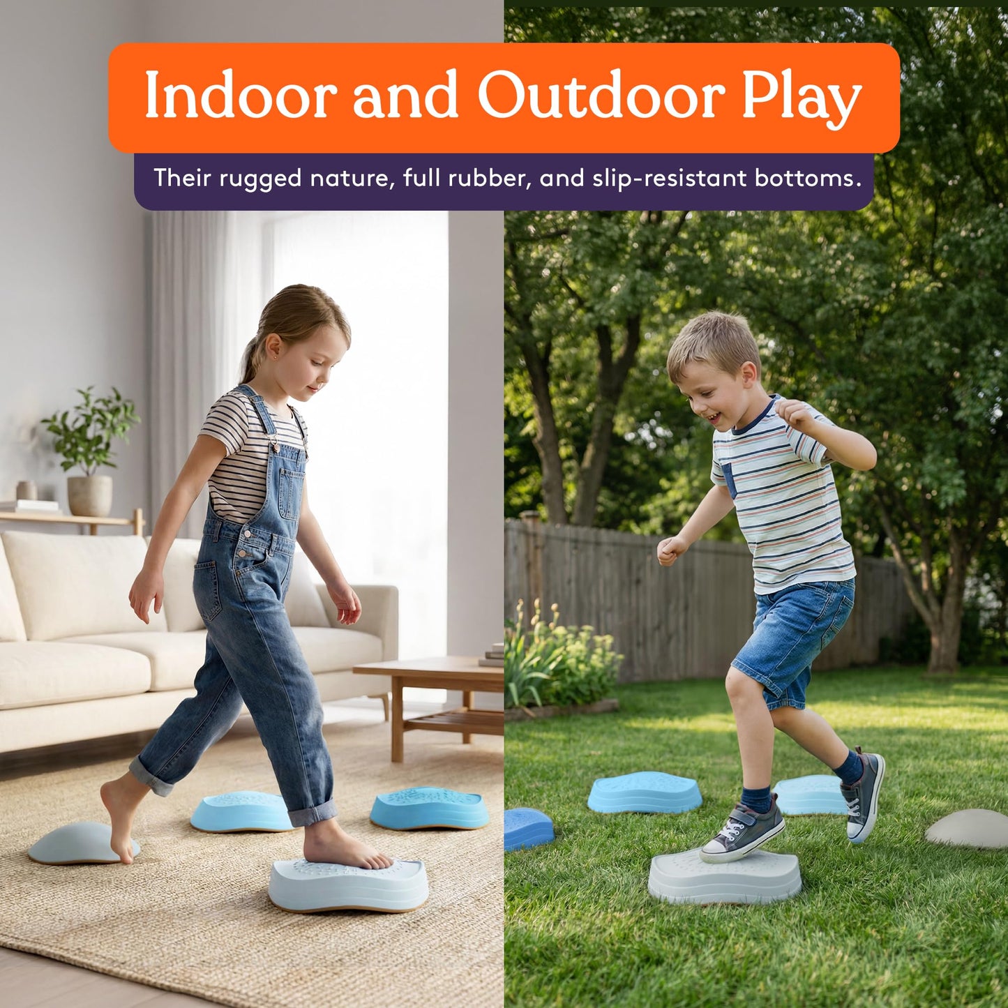 Special Supplies Stepping Stones for Kids, 5 Balance Indoor and Outdoor Blocks Promote Coordination, Balance, Strength, Child Safe Rubber, Non-Slip Edging, Stackable (Ocean)