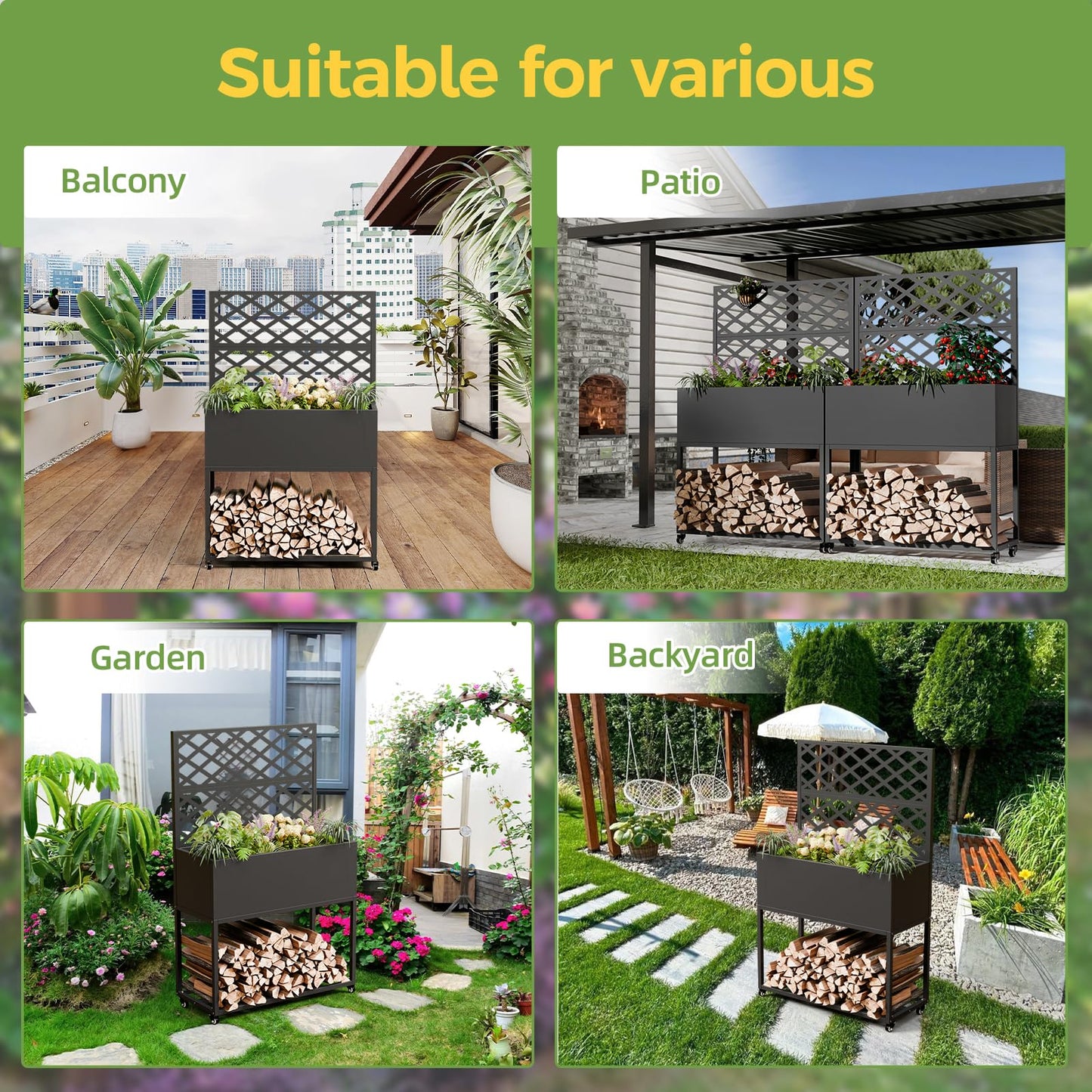 Metal Planter Box with Trellis, 3 in 1 Raised Garden Bed with Trelli & Firewood Rack, Privacy Planter Screen for Climbing Plants, Vine, Outdoor Garden Standing Beds with Drainage Holes, Wheels,Black