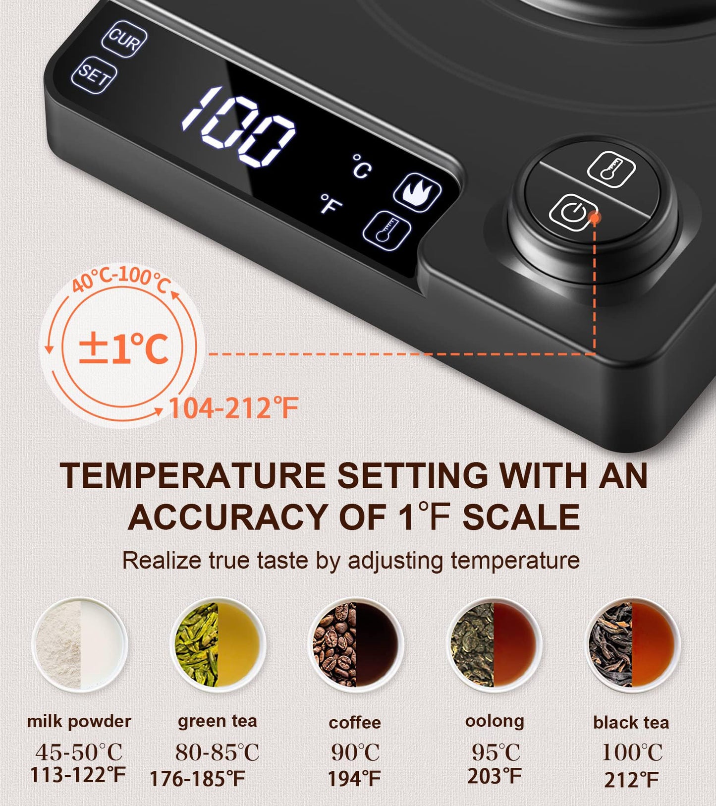 CHEFESS 1.0L Electric Gooseneck Kettle, ±1℉ Temperature Control & Keep warm, for Pour Over Coffee and Tea, 304 Stainless Steel Inner and lid, Quick Heating Electric Kettles for Boiling Water