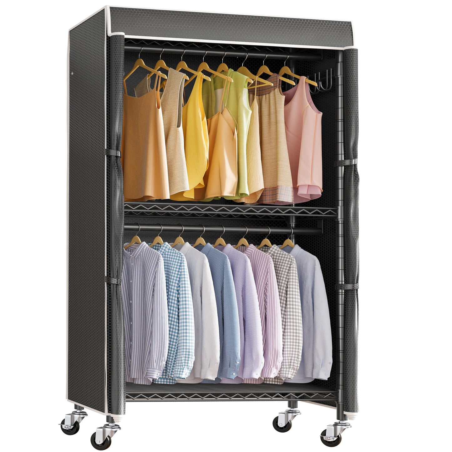 VIPEK R2C Medium Heavy Duty Clothes Rack Rolling Garment Rack with Cover Adjustable Clothing Rack for Hanging Clothes Portable Closets with Double Rods, Black Rack with Black Upgraded Polyester Cover