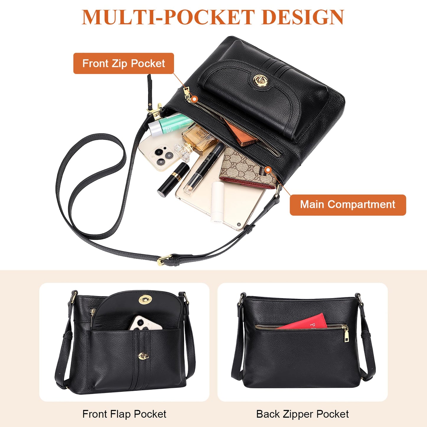 Over Earth Genuine Leather Crossbody Bags for Women Trendy Purses and Ladies Shoulder Handbags(O202E-2G Black)