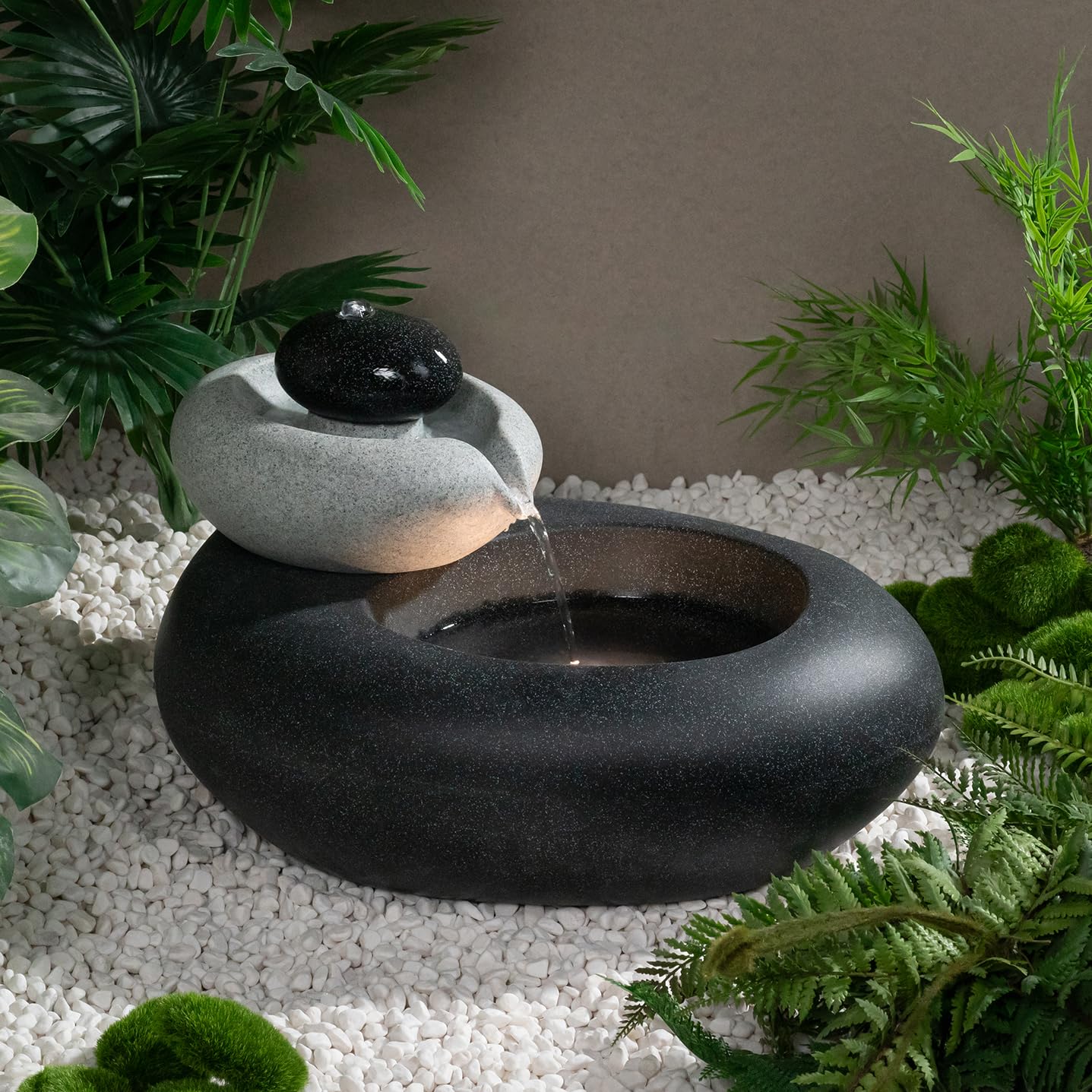 Puulye 13.39" H Outdoor Water Fountain Made with Eco-Friendly Recyclable Materials, Polyethylene Rock Waterfall Outdoor Fountain, Garden Decor with LED Light & Pump for Patio, Backyard (13.39")