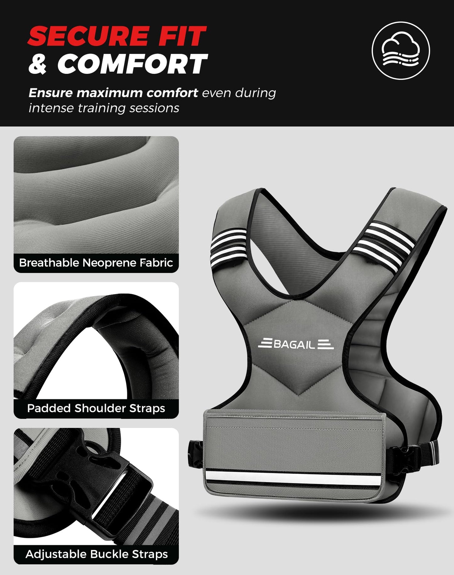 BAGAIL Adjustable Weighted Vest for Men 20-32lb, Comfortable U-Neck Rucking Vest with 6 Removable Weights, Storage Pocket and Reflective Strips for Strength Training, Advanced Bodyweight Workouts & Endurance