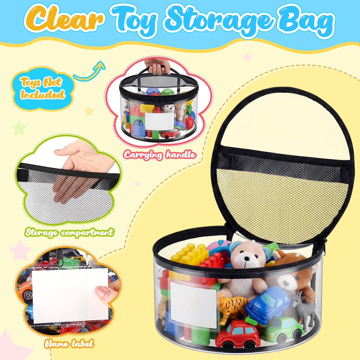 Sunnymove 6 Pcs Round Clear Toy Storage Bag with Handle PVC Cylinder Storage Bags with Label Pocket Waterproof Toys Organizer Bags for Building Blocks Puzzles & Game Pieces Portable Toy Tote