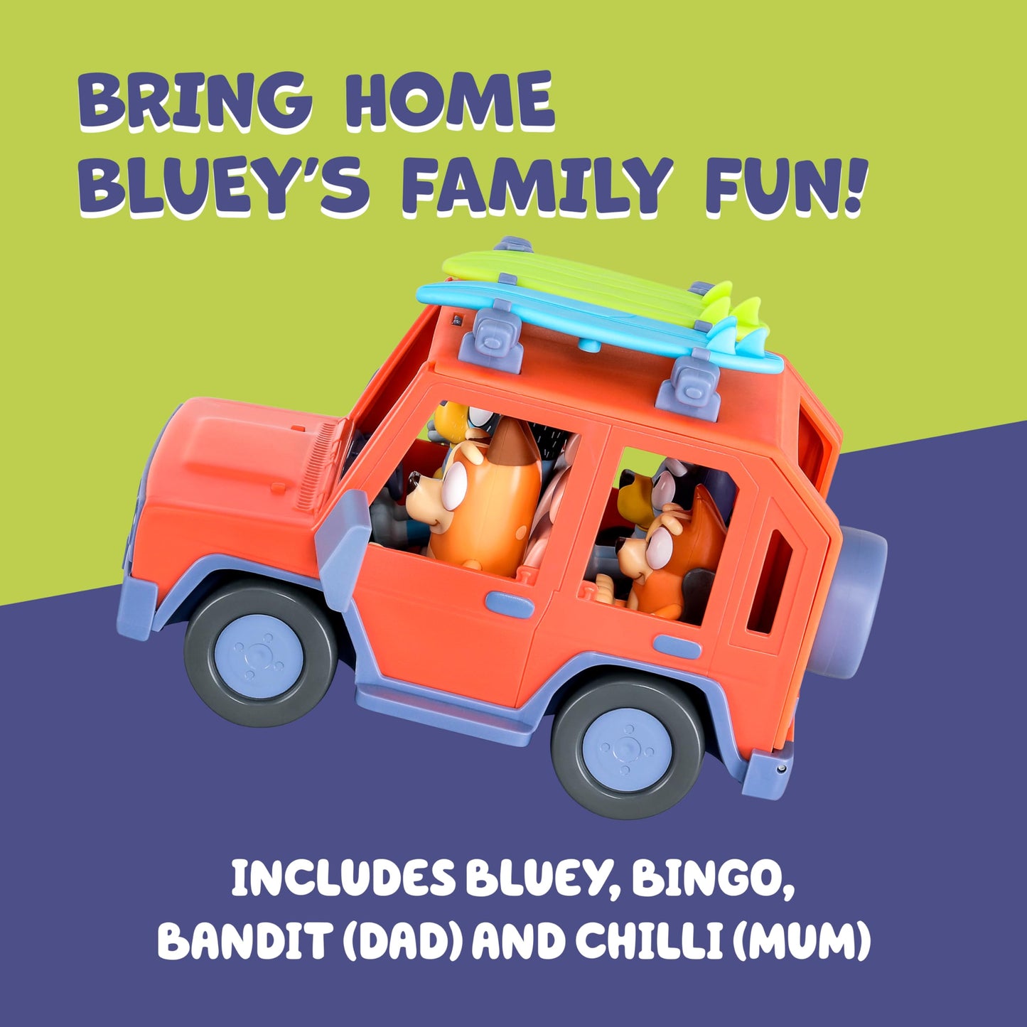Bluey Heeler 4WD Family Toddler Toy Car with 4 Figures, Surfboards and Sticker Sheet, Pretend Play, Bluey Toys for Kids Ages 3+, Amazon Exclusive